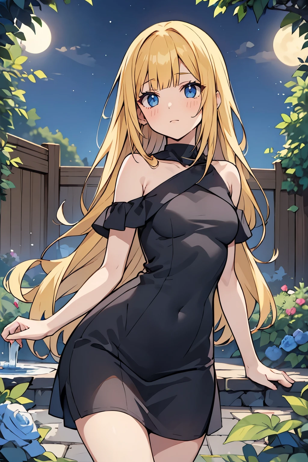 fairy_tail_style, solo, 1 girl, cowboy shot, (young female body:1.4), (medium small breasts), long disheveled hair, golden yellow wavy hair, extra long hair, blunt bangs, crystal blue eyes, very detailed blue eyes, mansion garden, standing on a cobble pathway, a moonlit garden with a fountain, rose bushes, night time, tight elegant black dress, maxi length black dress, short sleeves,  form fitting tight black dress, chic evening dress, party dress, cowboy shot, flower in hair, off shoulder short sleeves, off shoulder, exposed collar bones