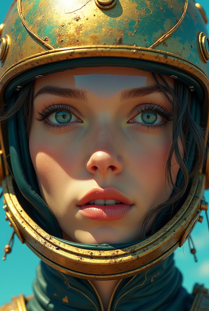 a close up of a woman with a helmet on and a sci - fiore, boris vallejo and tom bagshaw, prophet graphic novel, cosmic artifacts, inspired by Earl Norem, deepdream, awarded on cgsociety, looks a bit similar to amy adams, golden turquoise steampunk, anno 2070  