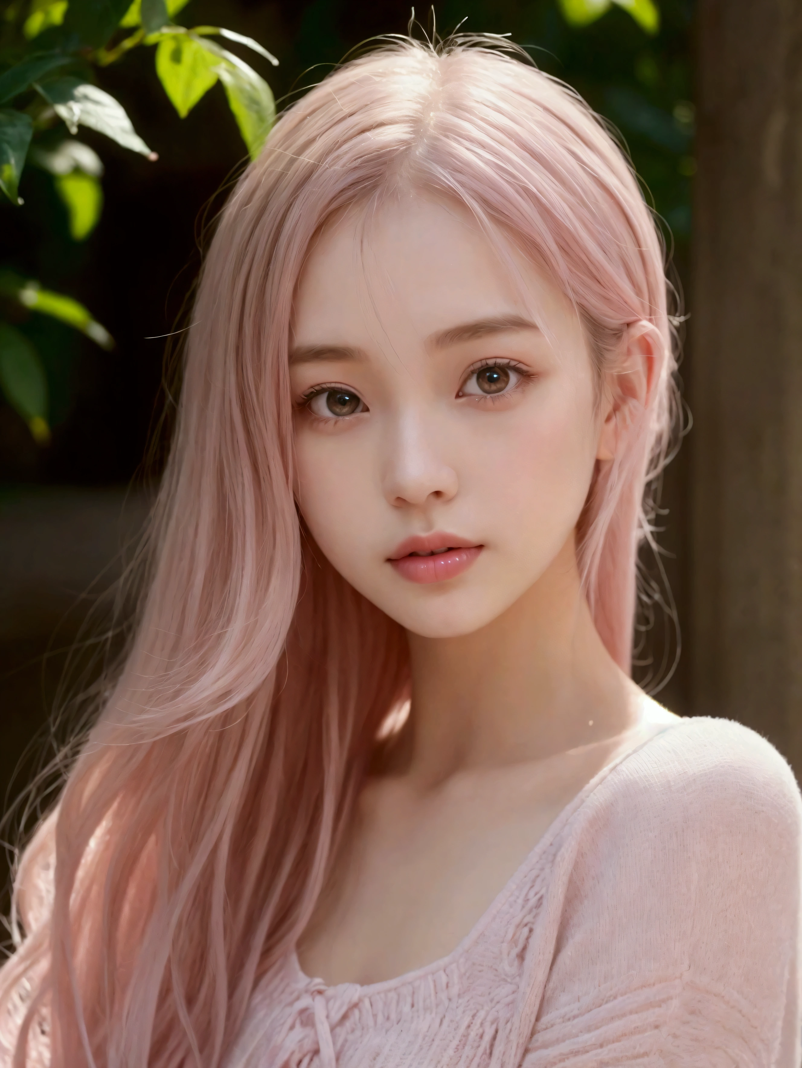Close-up portrait of a young woman with pastel pink hair。Her hair has subtle waves、There is a slight brown tint at the tip.。Part your hair slightly off-center.、The bangs gently cover the forehead。Her skin is smooth and fair、The eyes are large and expressive, grayish brown.。Small and delicate nose、And her lips are light pink with a natural, soft smile.。The background is softly blurred、The focus is on the subject&#39;s face、The soft natural light suggests an outdoor setting.。The overall color palette is pastel.、Creating a warm and comfortable atmosphere。The soft light accentuates her delicate features and the elegant flow of her hair.、It creates a calm and quiet mood。Blue hair、Overall blue、
