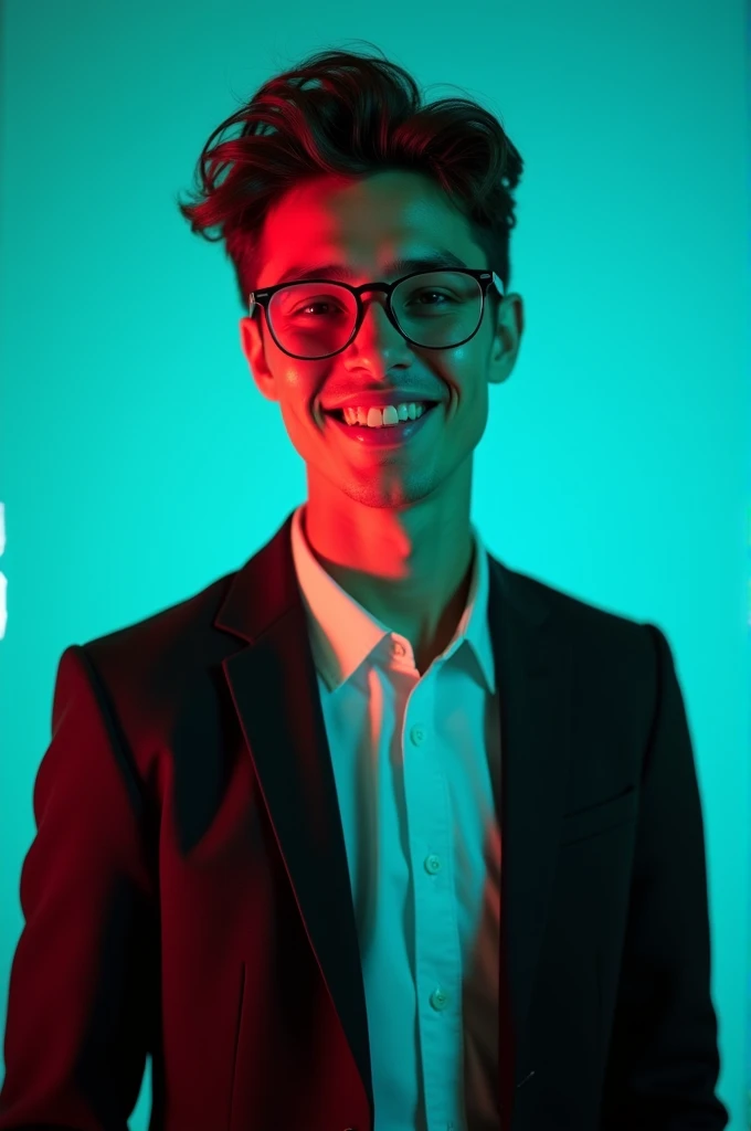 A young man with dark hair and a confident smile. He is dressed in a black blazer over a white shirt. The man is positioned against aqua colour backdrop with a subtle red lighting on the left side. and he posing for Linkedin profile