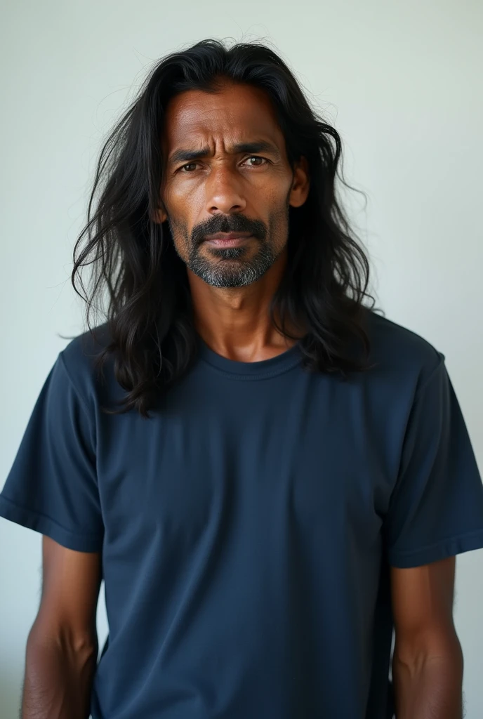 1boy, ((transparent background)), middle aged slender man, ((no beard)), intermediate dark skin, long black hair, dark blue T-shirt, ((tired expression)), focus on face and upper torso, looking at viewer