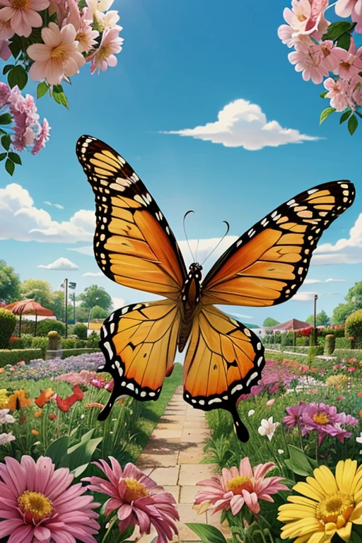 a butterfly flying in the flower garden  line art, cartoon character, 3D style, high quality, coloring book, hand-draw, line art
