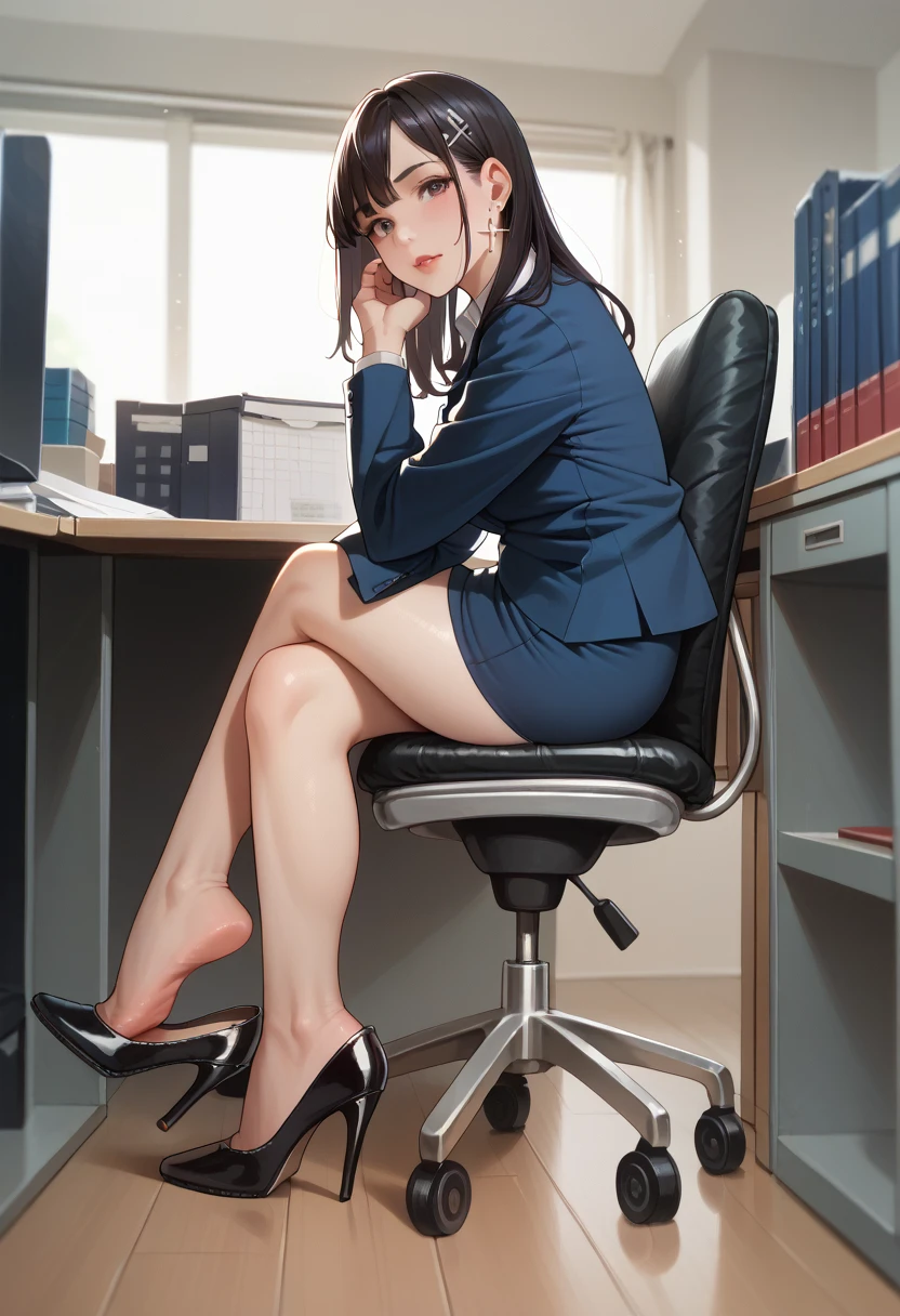 1girl, high heels shoe dangle, cross legged on a chair, hot japanese office girl, looking at viewer, sitting, from side