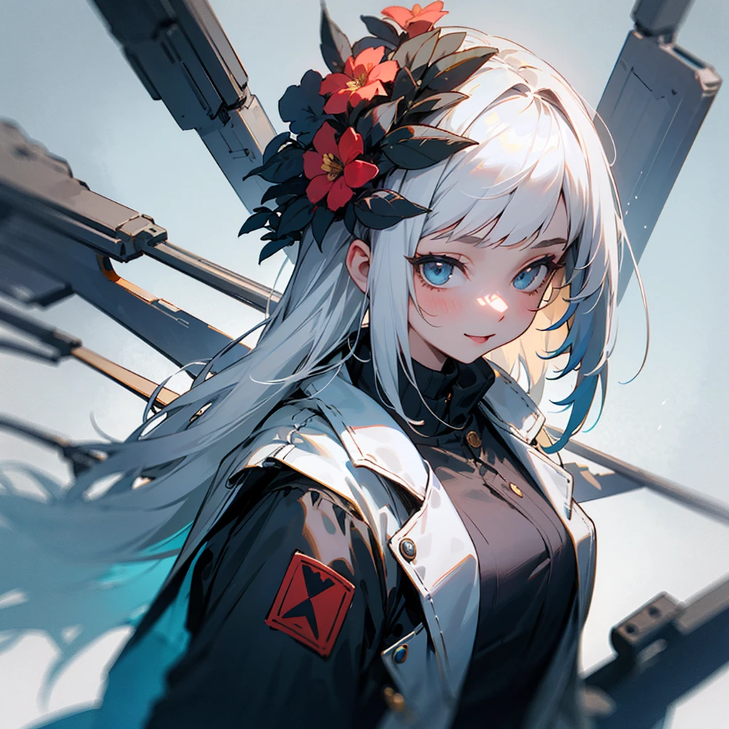 ((best quality)), ((masterpiece)), (detailed), 1girl, cute, happy, white hair, flower pin on head, in coat that is in cyberpunk style