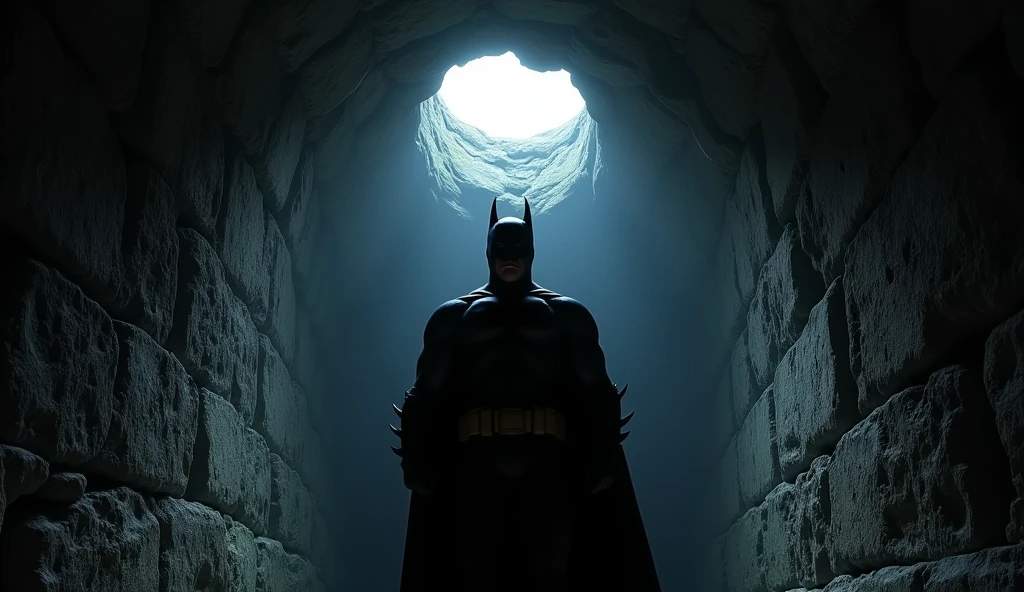 A distant view from inside a deep, dark well with rough stone walls. Batman is at the center of the image, with his entire body visible as he looks up towards the light coming from a small opening at the top of the well. The light from above partially illuminates his face, creating a dramatic contrast between the darkness of the well and the hope symbolized by the light. The perspective captures the full height of the well, emphasizing Batman's determination as he prepares to escape the darkness.