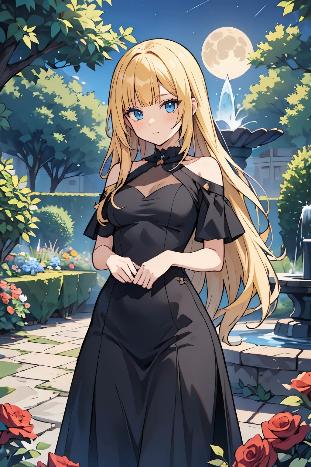 fairy_tail_style, solo, 1 girl, cowboy shot, (young female body:1.4), (medium small breasts), long disheveled hair, golden yellow wavy hair, extra long hair, blunt bangs, crystal blue eyes, very detailed blue eyes, mansion garden, standing on a cobble pathway, a moonlit garden with a fountain, rose bushes, night time, tight elegant black dress, maxi length black dress, short sleeves,  form fitting tight black dress, chic evening dress, party dress, cowboy shot, flower in hair, off shoulder short sleeves, off shoulder, exposed collar bones