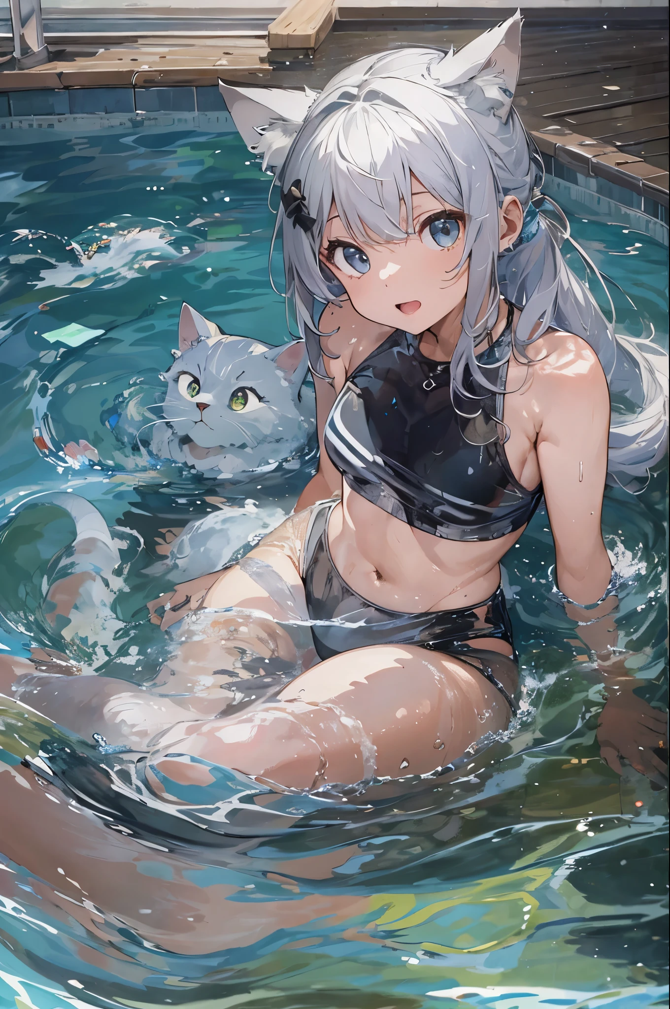 Beautiful poop, masterpiece, Highest quality, Hello, And soul, One Girl, Mid-chest, bikini, Transparent black swimsuit, Portrait Shot, Look at the viewers, Partially submerged, Outdoor swimming pool, (Silver Hair),(Cat ears),ponytail,Wet skin, Intricate details,>,((Covered)