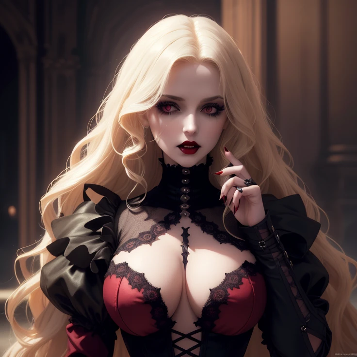 a beautiful vampire goth woman, long blonde curly hair, large bust, hourglass waist, pale skin, dark red lips, fangs, gothic lace dress, dramatic makeup, moody lighting, cinematic angle, dark mysterious atmosphere, digital art, octane render, unreal engine, highly detailed, photorealistic, 8k, masterpiece