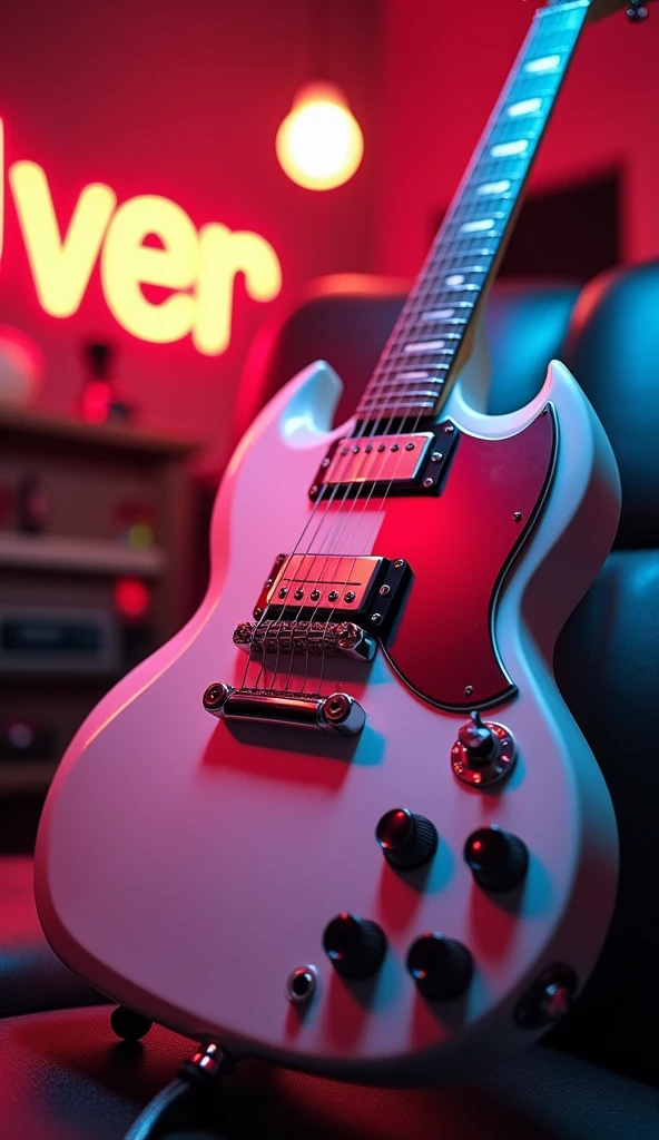 Create a smartphone wallpaper of a white Gibson SG., Neon Light、(masterpiece:1.3) (最high quality:1.2) (high quality:1.1)、Cinematic Light,(Film Gain:1.4)|(VHS Video:1.2)(old analog film photography:1.4) Vintage Film (1.8), Analog camera (1.5), Film Grain (1.4), Light leakage (1.2), Soft Focus (1.3), Warm tones (0.2), Retro aesthetic (1.7), Lomography (1.3), Nostalgic atmosphere (1.8), Polaroid style (1.5), Faded colors (1.9), Dreamy look (1.3), Overexposure (1.1), Vignette Effect (1.8), Blurred Edges (1.4),