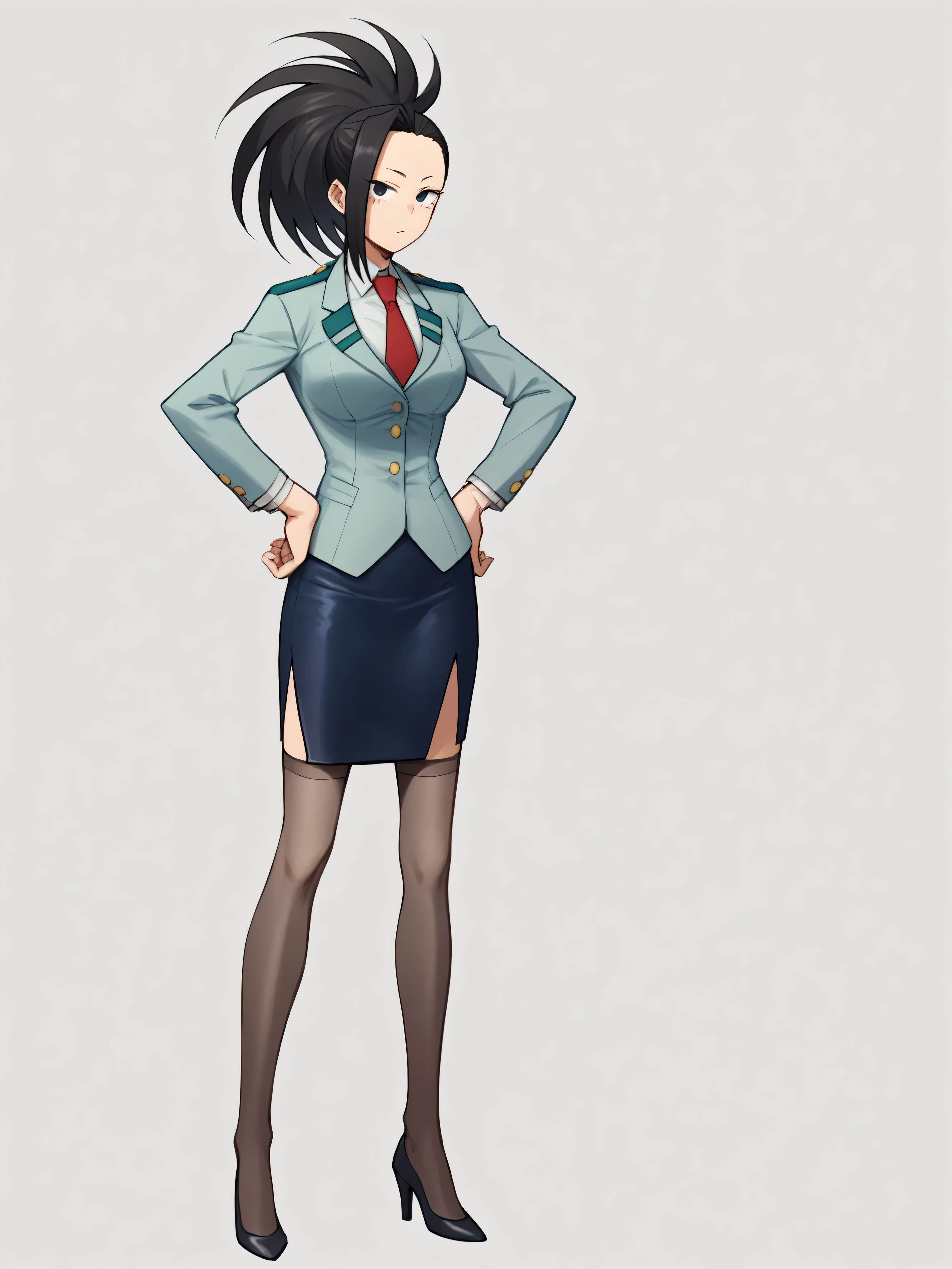 score_9, score_8_up, score_7_up, score_6_up, score_5_up, score_4_up, BREAK
yaoyorozumomo, 1girl, black eyes, black hair, ponytail, long hair, hair pulled back,
skirt suit, (((three-piece suit))), (((dress shirt))), (((necktie))), (((blazer))), (((suit jacket))), (((waistcoat))), double-breasted waistcoat, (((bodycon pencil skirt))), (((stockings))), high heels, pocket square, cufflinks, tie clip, tight clothing, formal clothing,
full body, hands on hips, standing,  solo, looking at viewer, simple background , white background  