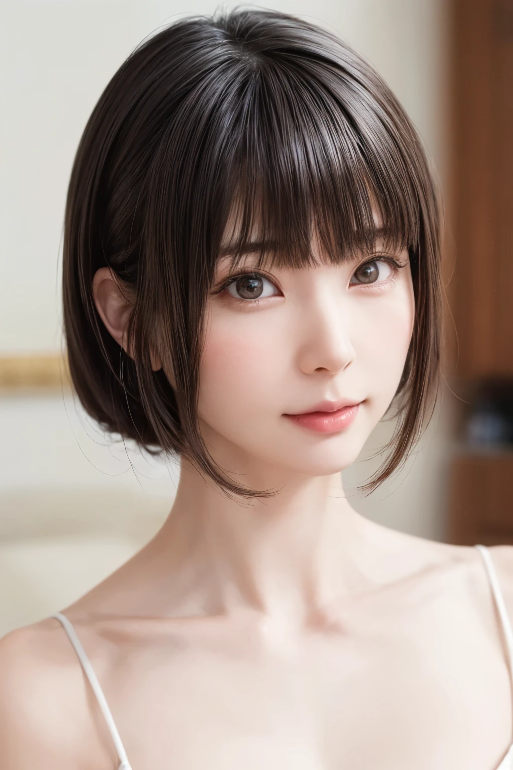 ((masterpiece, Highest quality, High resolution、Realisticですべてが美しく詳細に描かれている)), 1 person, (Realistic: 1.4), alone, White Background, snow-White Background, Mouth closed, smile, smile, Beautiful black hair, short hair, Big eyes, Transparent double eyelids, eyelash, Listen carefully, Long neck, 美しくLong neck, Absolute area, ((Face close-up)), (Draw the whole head, shoulder), 19 years old, Attractive proportions, Glowing Skin, Beautiful clavicle, Golden ratio face, Perfect Face, Teardrop-shaped mole, chestのほくろ, bangs, clean bangs, beautiful bangs, Lip gloss, Thin lips, Fair skin, naked, Big Breasts, {Huge|big|Hugeな|Mega} chest:2, chestの谷間:2,chestの谷間を見せる、Small face, Small face, All the heads are painted, shoulder all drawn, Point slightly above the camera