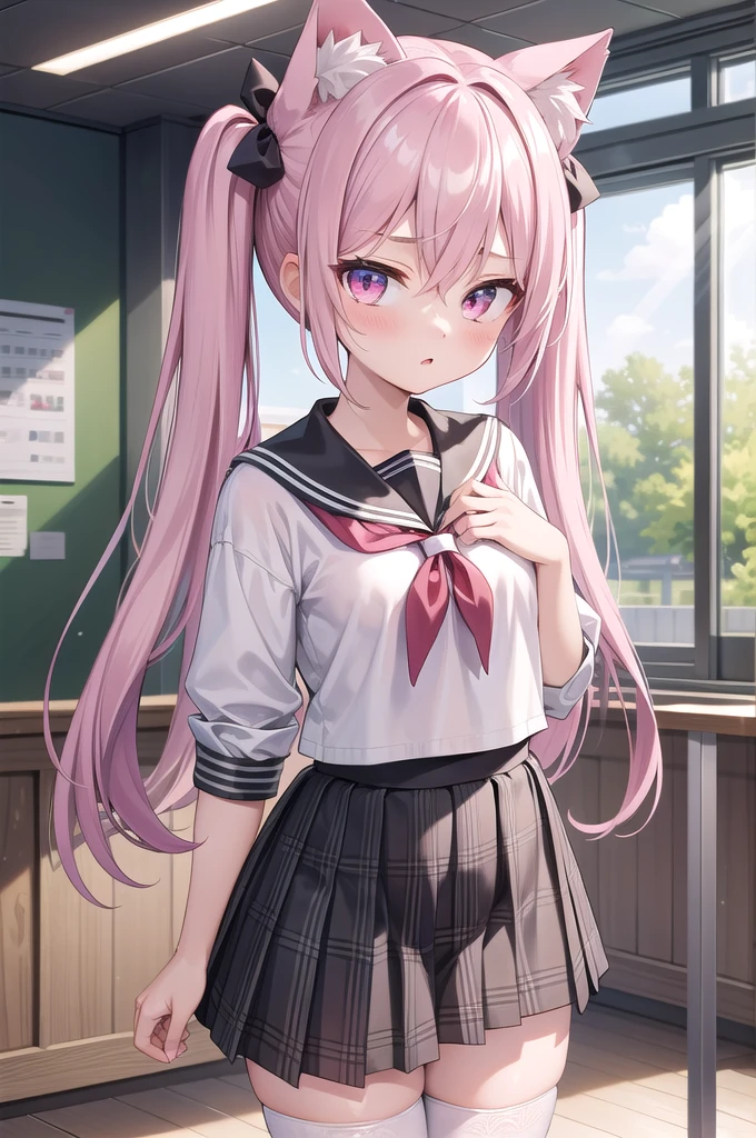 1girl, cat girl, Cat ears, grey hair, streaked hair, pink hair, long hair, hair between eyes, twintails, sailor collar,
highly_detailed, Beautiful eyes, extremely_detailed_CG_unity_8k_wallpaper, highres, absurdres, beautiful_detailed_eyes, finely_detailed_clothing, finely_detailed_light, highly_detail_hair_,
colorful, light rays, caustics, aistics, lens flare, bokeh, nsfw, A small chest, pink eyes, White silk stockings, JK Uniform Plaid Skirt, school uniform, Light pink mini skirt, ruffle, blush,
score_anime, score_9, score_8_up, masterpiece, beautiful scenery, illustration,