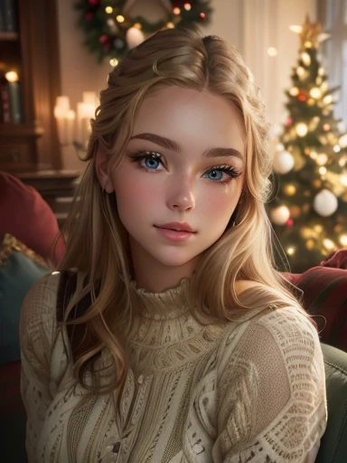 Arafed woman sitting on a couch in front of a Christmas tree, soft portrait shot 8k, cute young woman, beautiful young girl, magnificent portrait, perfectly lit face, High-quality 4K portrait, Cute young girl, high quality portrait, beautifully soft lighting, 8K Artgerm Bokeh, blond hair and blue eyes, gorgeous young model