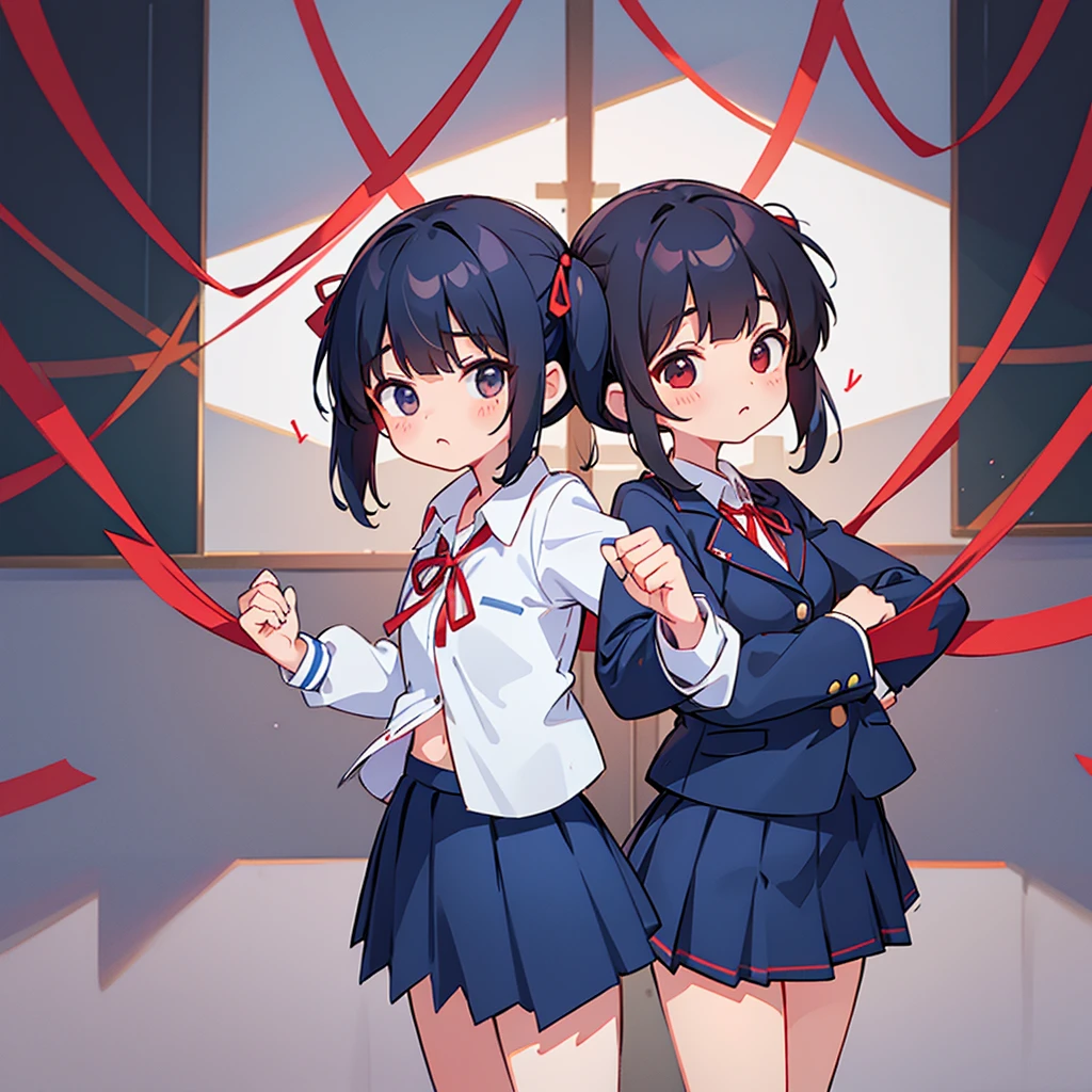 One person, black hair, bangs, twin tails, school uniform (white shirt, navy blue blazer, red ribbon, red pleated skirt skirt (check pattern)), classroom