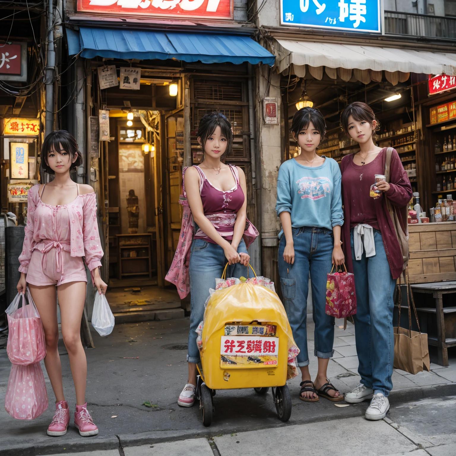 
((masterpiece、Highest quality))、Beautiful girls gather.、Three girls in summer clothes、(Showa Retro:1.2)、(Detailed and cute face:1.3)、(Poor conditions、Dim and unsanitary、Standing Bar、みんなで楽しくdiet、Crumbling underground shopping mall)、屋台のdiet店、stage、sewage、Dirty shop、street vendors、Unsanitary and abandoned city、smile、diet、Poor person々