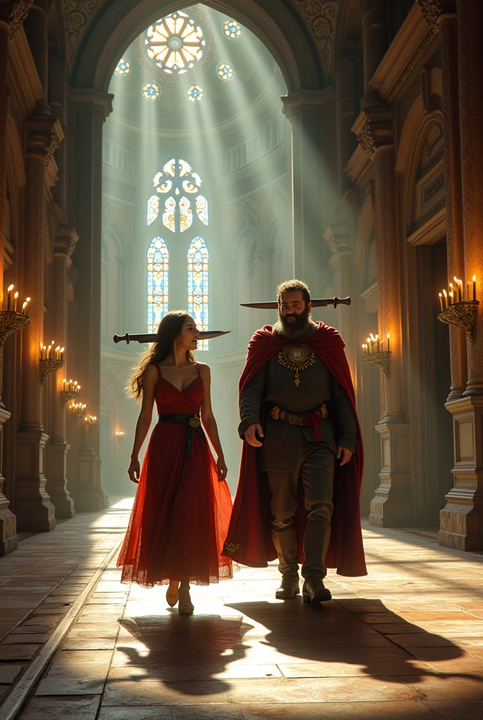 Laughter walking through a very large castle with a king with a knife stuck in his ears
