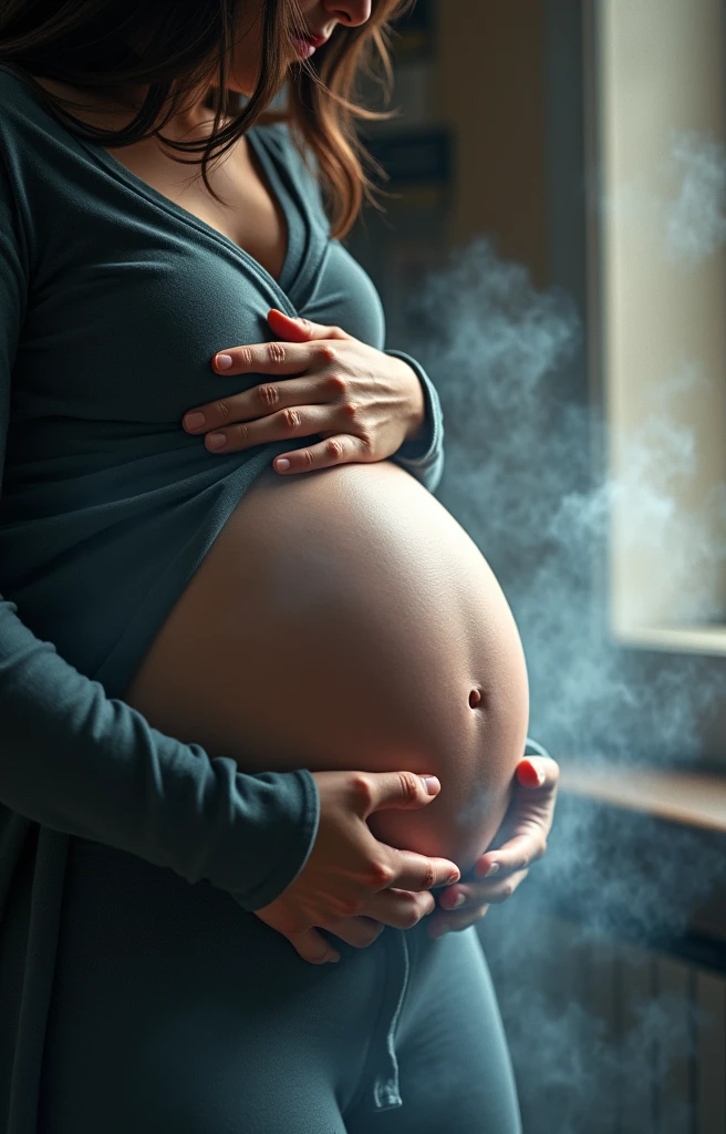 (((masterpiece))), (((Highest quality))), ((Very detailed)), (photograph), (photo:1.2) of a (close-up, editorial photograph of [[a close-up pregnant belly kissed by a father, realistic hands, (masterpiece:1.2), wide angle photo]], (dark indoor background, moody, private study:1.3), (a man kissing a belly:1.5), by lee jeffries, nikon d850, film stock photograph, 4 kodak portra 400, camera f1.6 lens, rich colors, hyper realistic, lifelike texture, dramatic lighting, cinestill 800.[Entire scene is surrounded by mist, evoking a mysterious and eerie atmosphere. The lighting is dark and atmospheric, with smoke and fog adding a touch of sinister ambiance. Best quality image, HDR enhancement, showcasing the utmost level of detail and realism]. [8K, Best Quality, Ultra High Resolution, (highly detailed CG unity 8k wallpaper), (best photo), (best shadows), isometric 3D, octane rendering, ray tracing, highly detailed, (Best quality, 4K, 8k:1.2), absurdity, ultra detailed, (realistic, photorealistic, photorealistic:1.37), complex parts, HDR, (complex parts:1.12), (hyper detailed, hyper realistic, Soft lighting, spicy:1.2), (complex parts, Hyper detailed:1.15). Blurred foreground. (backlit), masterpiece, high quality, brightness, chromatic aberration, foggy smoke, shadows, contrast, (warm hue, warm tone), high details, natural reflections]. many details. Cinematic lights. photo.