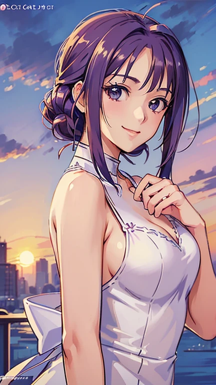 ((masterpiece, Highest quality, Highest quality, Official Art, beautifully、beautiful:1.2)),((masterpiece)),((Vibrant colors)),((Ayako Katagiri)),((幸せそうなsmile)),((smile)),((looks fun)),(one piece),(((Side bust))),(sunset)