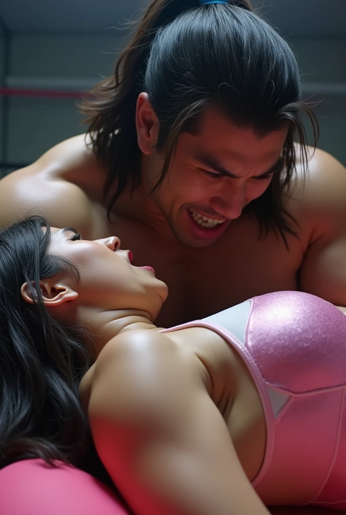 NSFW,(8k, Realistic, RAW Photos,POV shot,Highest quality: 1.4),I'm a hulking male wrestler fighting a female athlete in professional wrestling.。She is a slim, busty Japanese woman。Glossy long hair。The glossy pink and white leotard accentuates her voluptuous bust line。I push her down and mount her。I hold her right arm down with my left hand、I crush her left breast with my right hand。She's screaming in agony, unable to bear the intense pain.。Her breasts are visible through her clothes。