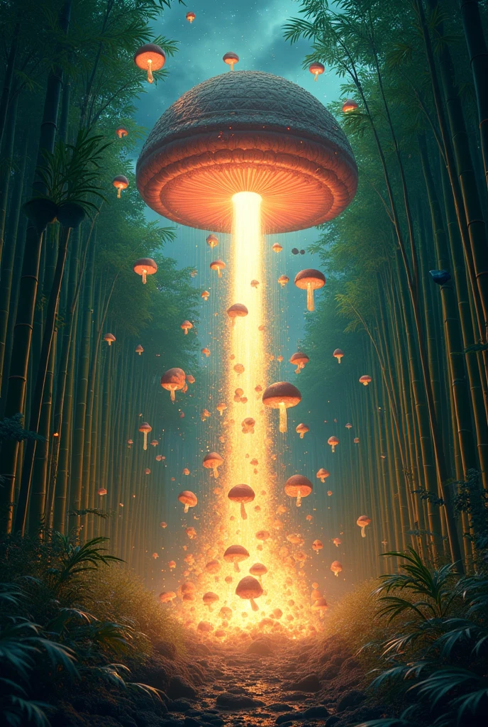 Masterpiece, best quality, ((bamboo forest)), Beam from bamboo into the sky, ((A swarm of mushroom-shaped spaceships, Far above, Shoot down the mushrooms)), Mushroom bombing, , 燃えるbamboo forest, bamboo forestときのこの宇宙船の大戦争, Intense battle, night