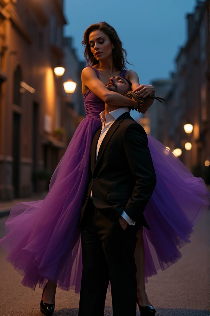 A woman in a purple dress and black high-heeled sandals. He puts the rope around the mouth of a strong man in a suit and pulls the rope with his hands and pushes the man's face with his foot.