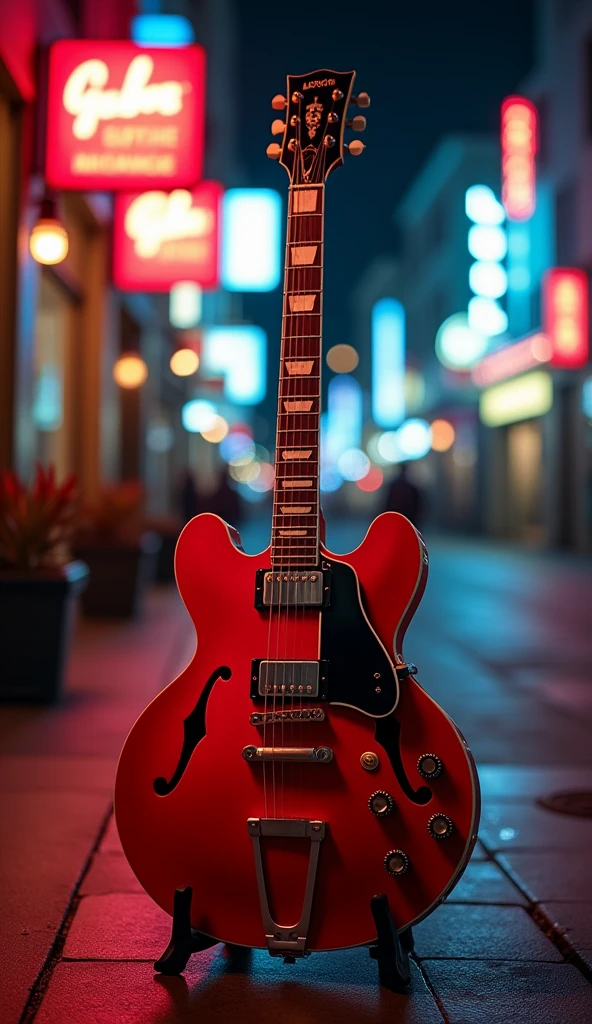 Make a smartphone wallpaper for Gibson ES335, Neon Light、(masterpiece:1.3) (最high quality:1.2) (high quality:1.1)、Cinematic Light,(Film Gain:1.4)|(VHS Video:1.2)(old analog film photography:1.4) Vintage Film (1.8), Analog camera (1.5), Film Grain (1.4), Light leakage (1.2), Soft Focus (1.3), Warm tones (0.2), Retro aesthetic (1.7), Lomography (1.3), Nostalgic atmosphere (1.8), Polaroid style (1.5), Faded colors (1.9), Dreamy look (1.3), Overexposure (1.1), Vignette Effect (1.8), Blurred Edges (1.4),