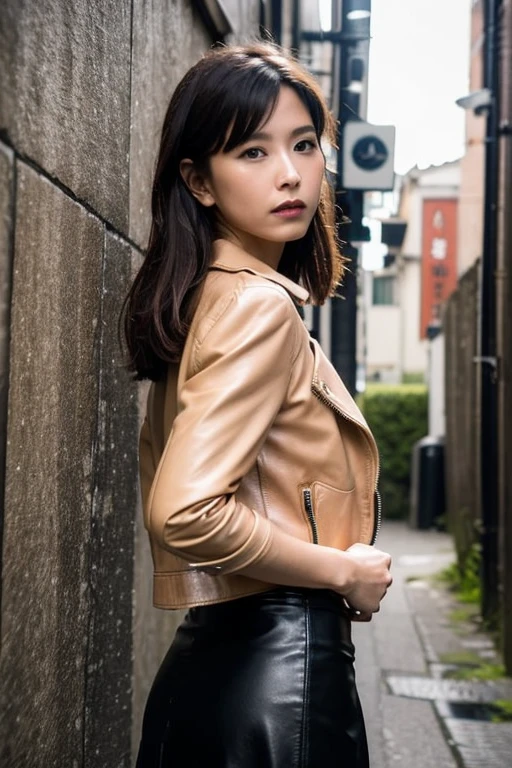 Highest quality,masterpiece,Ultra-high resolution,(Realistic:1.4),One person,Modest,The body is slim,Back Alleys of Japan,Dynamic pose,Face close-up,Medium chest,
Leather Fashion、leather jacket、Leather skirt、