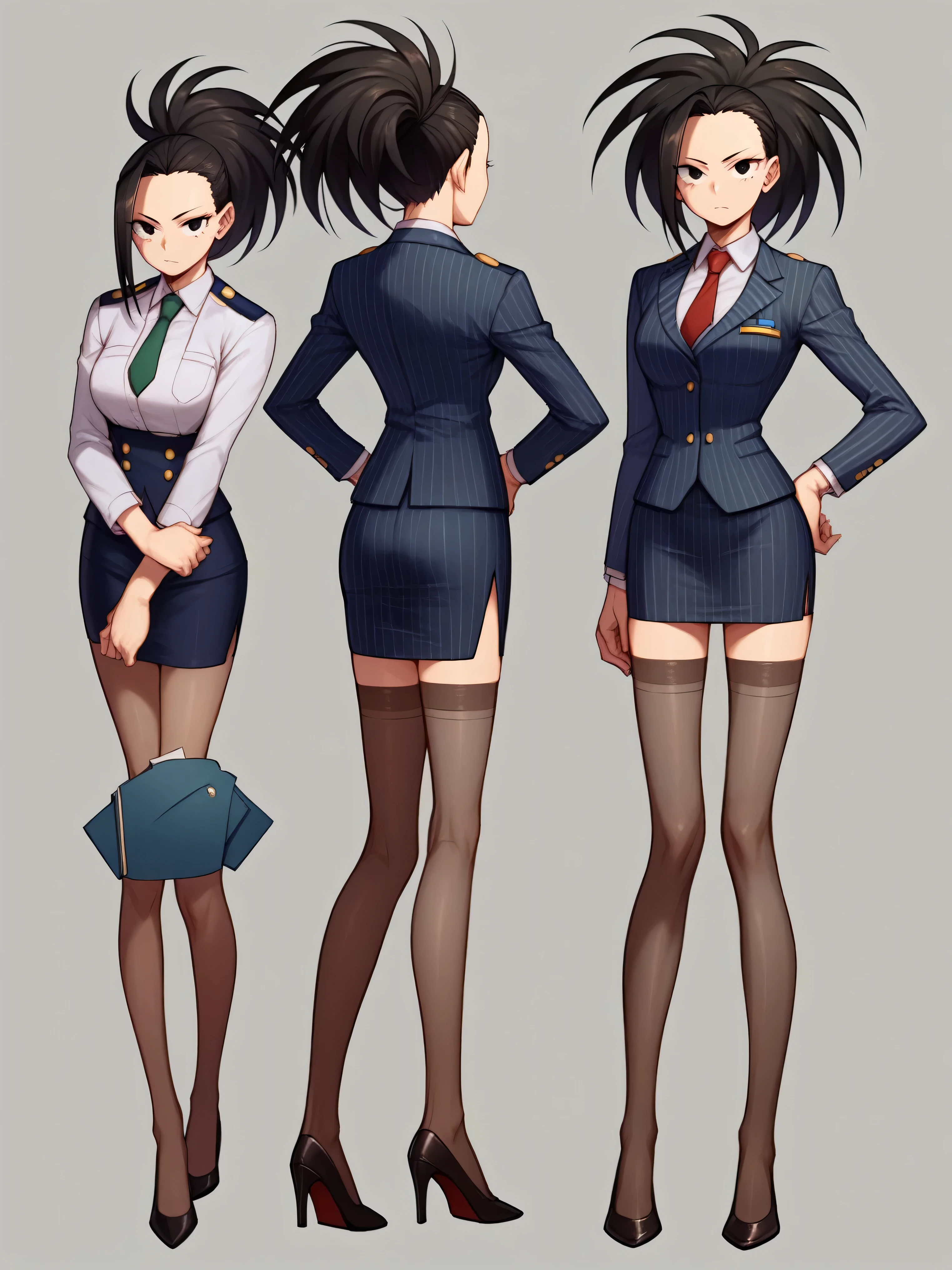 score_9, score_8_up, score_7_up, score_6_up, score_5_up, score_4_up, BREAK
yaoyorozumomo, 1girl, black eyes, black hair, ponytail, long hair, hair pulled back,
navy pinstripe skirt suit, (((three-piece suit))), (((dress shirt))), (((necktie))), (((blazer))), (((suit jacket))), (((waistcoat))), double-breasted waistcoat, (((bodycon pencil skirt))), (((stockings))), high heels, pocket square, cufflinks, tie clip, tight clothing, formal clothing,
full body, hands on hips, standing,  solo, looking at viewer, office background  