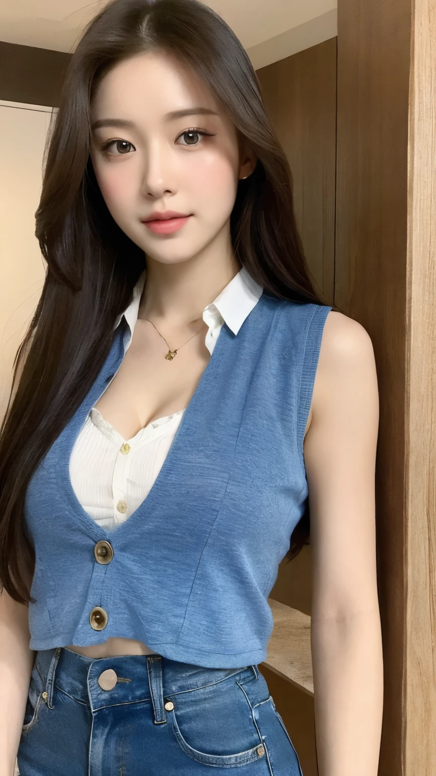(lifelike, high resolution:1.3), 1 girl with a perfect figure, The face shape and eyes are super beautiful,Long hair, Random color vest:1.2, Short jeans, Big ,Showing cleavage