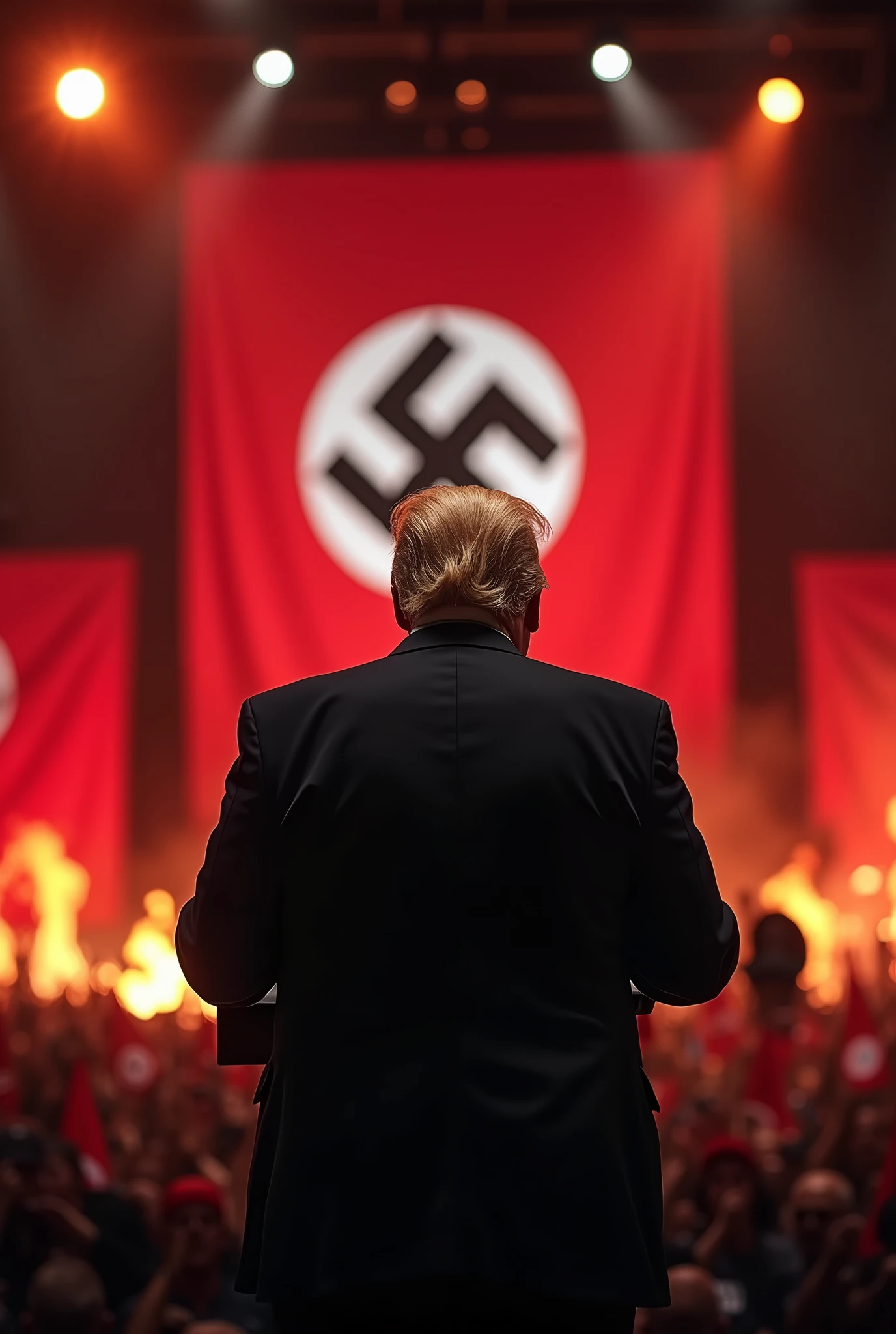 Donald Trump giving a fiery speech at Nazi Rally, Nazi Flags behind him on the stage, arena is filled with Nazi german, 4k UHD
