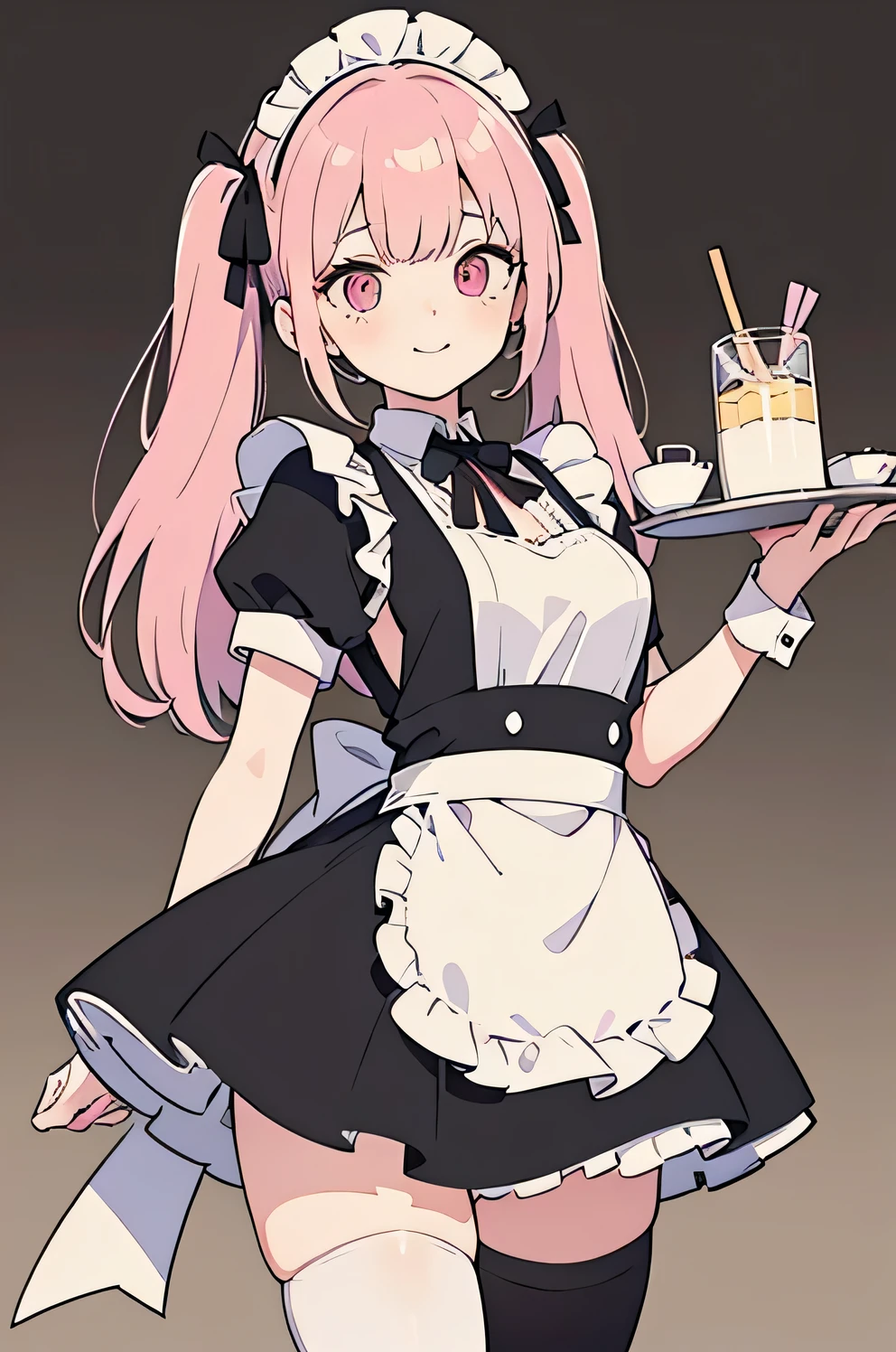 I create an illustration of the character with detailed eye makeup, accented with pink eyeshadow that fades to a lighter color towards the inner corner of the eye. Her hair is in long twin tails with a mix of soft brown and pink highlights. The hair is tied with a black ribbon and flows down to her waist. She wears a classic maid outfit, a short-skirted black dress, a white apron with ruffled trim, and pink ribbons on the sides. The skirt is short enough to reveal her thighs, and is accented with black thigh-high stockings. The outfit also includes a large pink ribbon on her chest and a black headband that matches the outfit. She has a gentle smile and calm demeanor, holding a tray of parfait desserts. The overall aesthetic is soft, cute, and a little sexy, with attention to detail in the character's outfit, hairstyle, and body proportions.