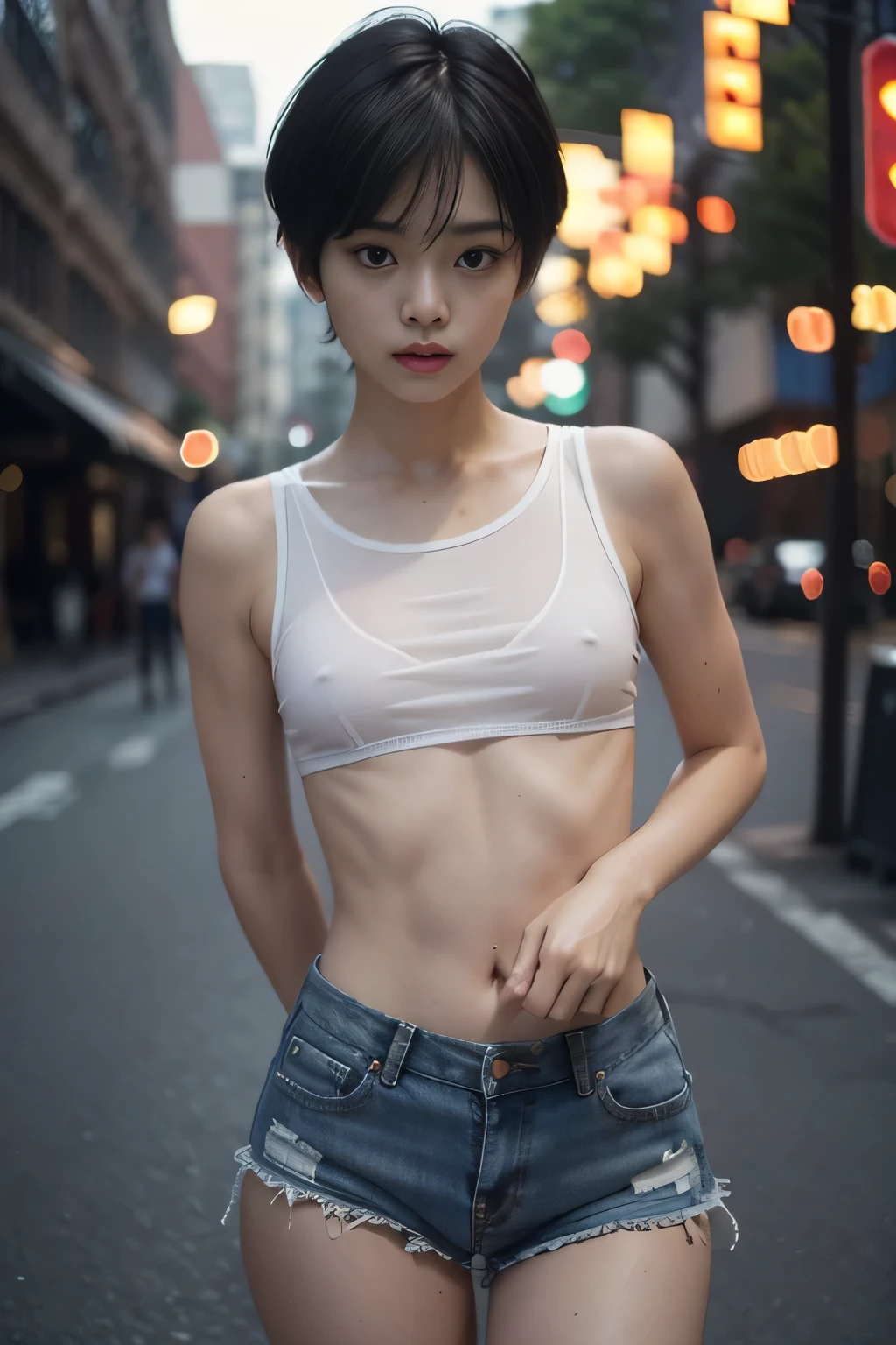 whole body,nude, good, Flat Chest、Not wearing underwear ,No bra,Short hairstyles,A cute boy, Looks about (short hair), Height about 140 cm, Very short shorts, Shorts bulging in the shape of a penis, のようなFlat Chest, Slender body, Black Hair, eyeball, Surrealism, Blurred, Cinema Lighting, Bokeh, Very detailed, Anatomically correct, Accurate, Awards, 16K 、The clothes are transparent、Short torso、Anatomically correct体のバランス