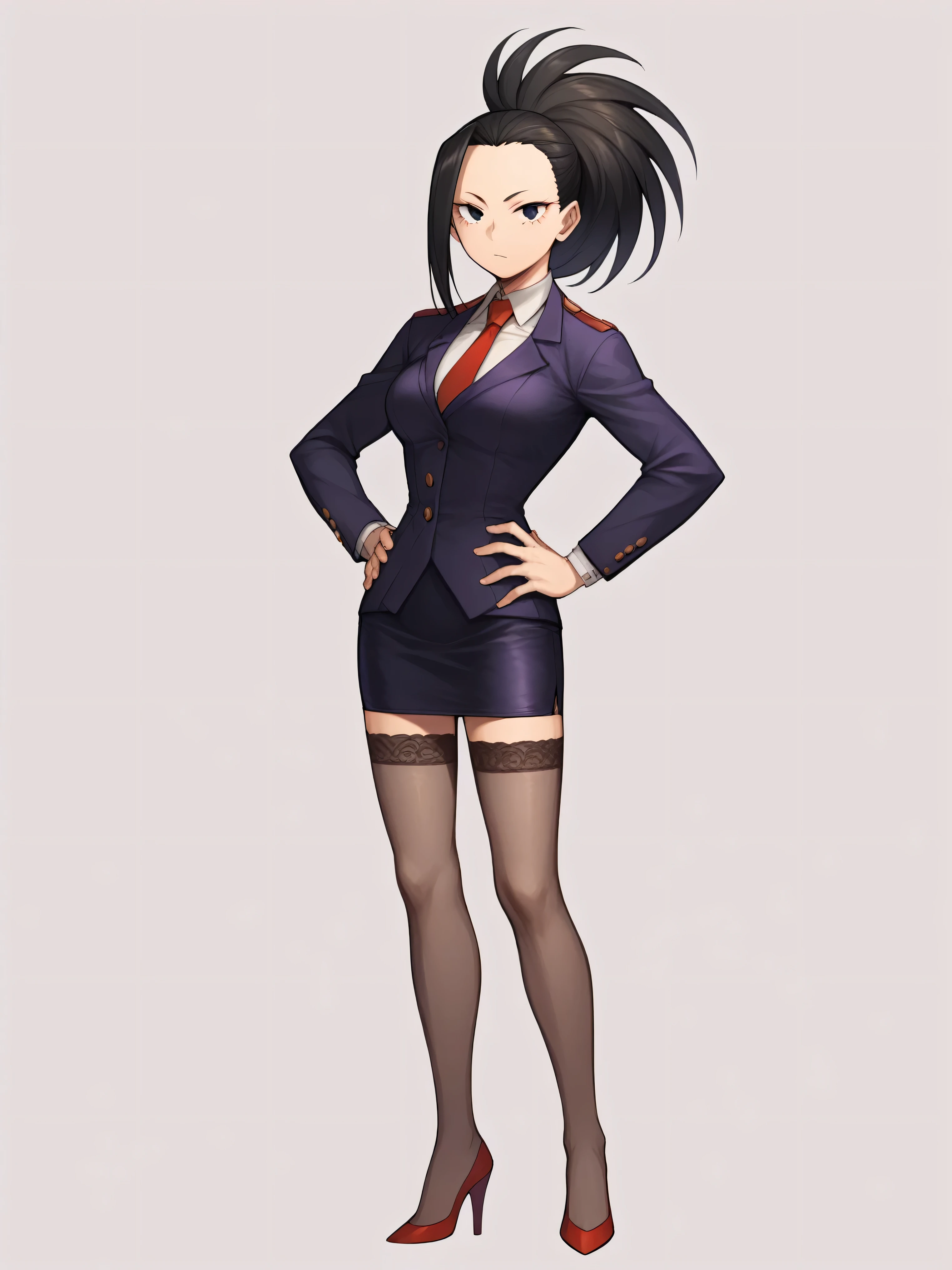 score_9, score_8_up, score_7_up, score_6_up, score_5_up, score_4_up, BREAK
yaoyorozumomo, 1girl, black eyes, black hair, ponytail, long hair, hair pulled back,
skirt suit, (((three-piece suit))), (((dress shirt))), (((necktie))), (((blazer))), (((suit jacket))), (((waistcoat))), double-breasted waistcoat, (((bodycon pencil skirt))), (((stockings))), high heels, pocket square, cufflinks, tie clip, tight clothing, formal clothing,
full body, hands on hips, standing, solo, looking at viewer, simple background , white background