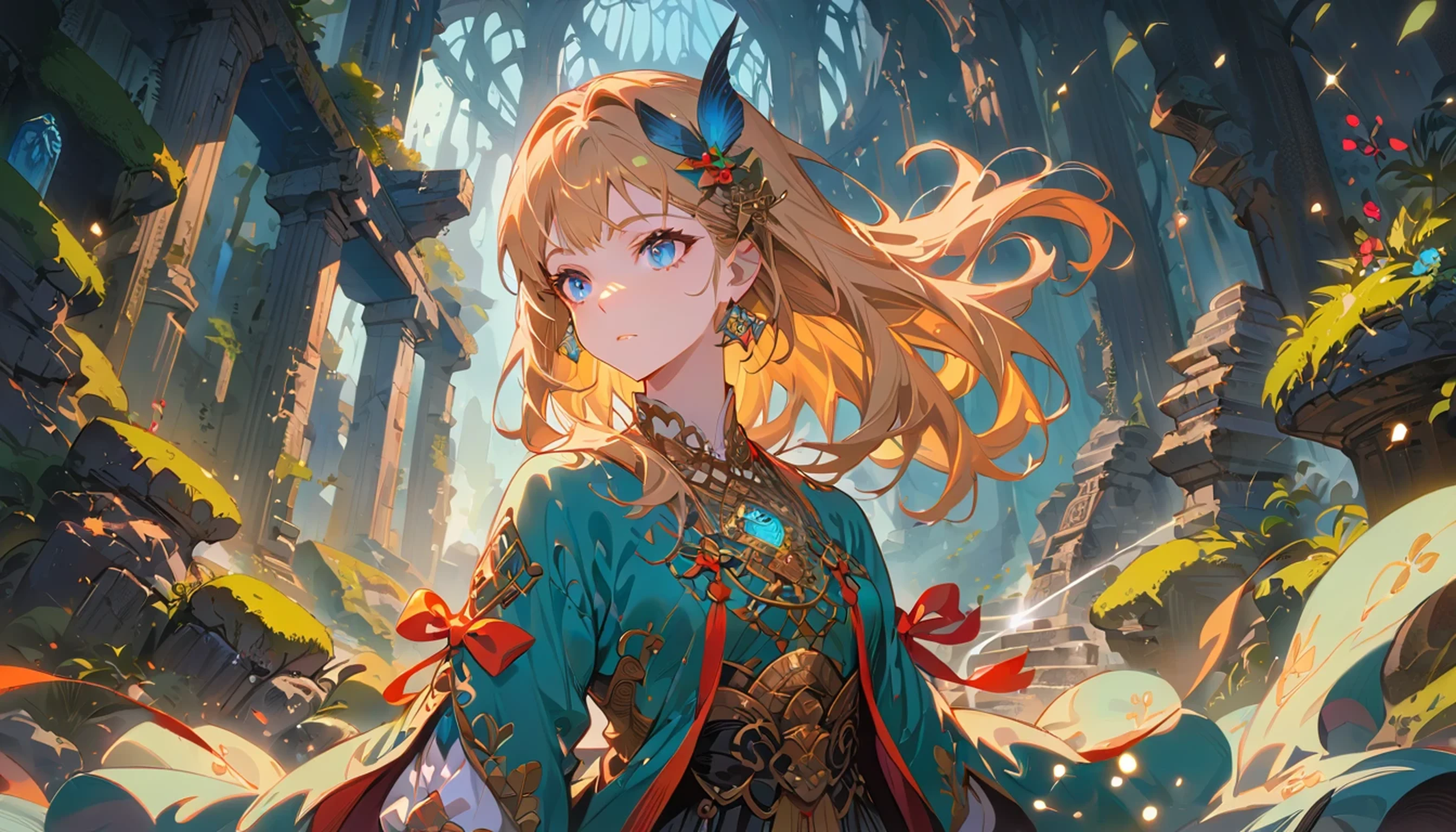 beatiful wizard,She stands in front of ancient ruins, surrounded by crumbling stone walls and overgrown vegetation. The ruins are filled with intricate carvings and mysterious symbols, giving a sense of lost history. Her eyes sparkle, surrounded by delicate eyelashes, and s The background is an old, forgotten temple, with soft, luminous lighting filtering through cracks in the stone, casting prismatic reflections on the surroundings. The scene is set in a mysterious and enchanting realm, with vibrant colors and intricate details that create a sense of timelessness.8K resolution.A fancy landscape, A girl with long golden hair, striking blue eyes, detailed facial features,vivid colors, movie lights, intricate details, (best quality,4K,8k,mackerel,masterpiece:1.2),very detailed,fancy,adventure,concept art
