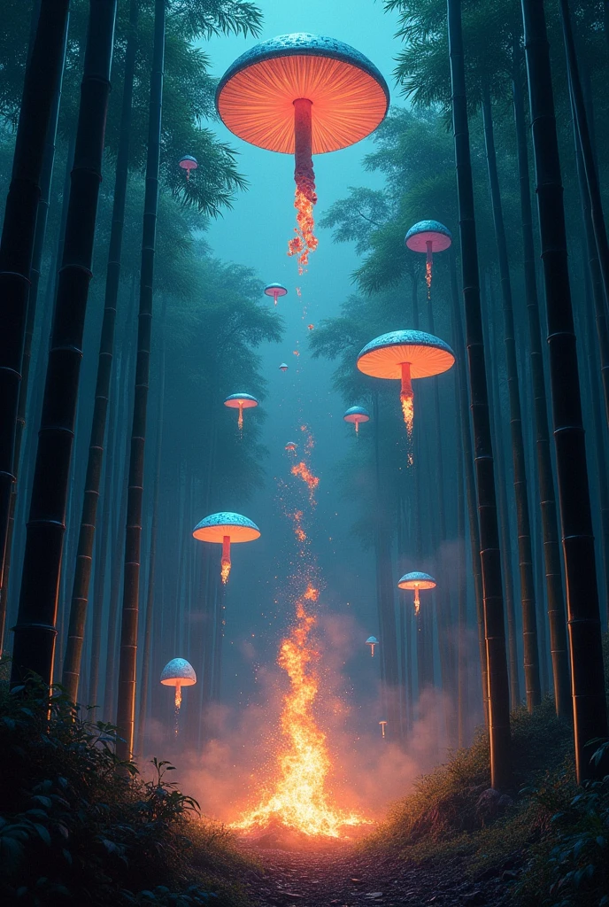Masterpiece, best quality, ((bamboo forest)), Beam from bamboo into the sky, Launching bamboo shoots, ((A swarm of mushroom-shaped spaceships, Far above, Shoot down the mushrooms)), Mushroom bombing, , 燃えるbamboo forest, bamboo forestときのこの宇宙船の大戦争, Intense battle, night