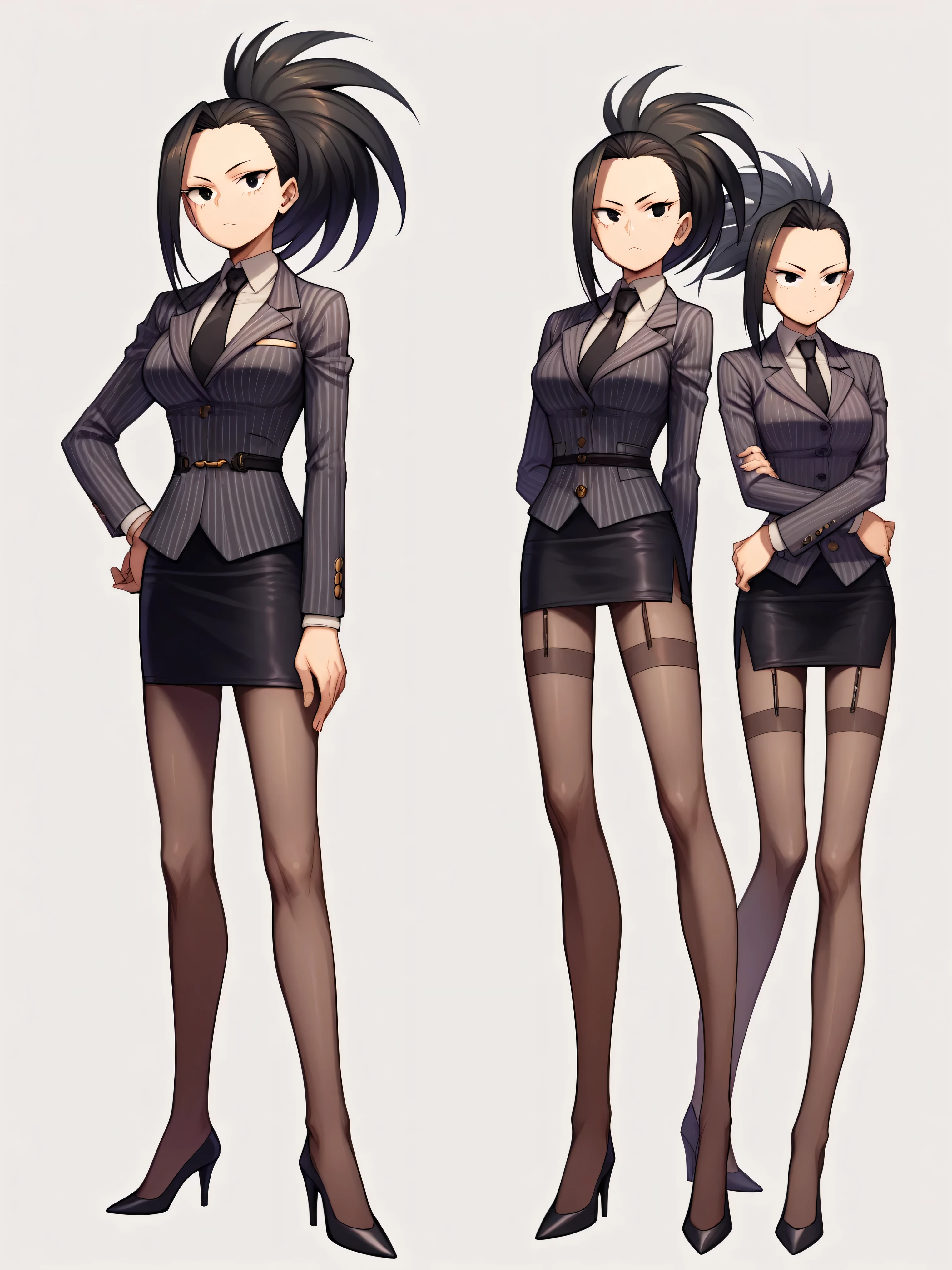 score_9, score_8_up, score_7_up, score_6_up, score_5_up, score_4_up, BREAK
yaoyorozumomo, 1girl, black eyes, black hair, ponytail, long hair, hair pulled back,
navy pinstripe skirt suit, (((three-piece suit))), (((dress shirt))), (((necktie))), (((blazer))), (((suit jacket))), (((waistcoat))), double-breasted waistcoat, (((bodycon pencil skirt))), (((stockings))), high heels, pocket square, cufflinks, tie clip, tight clothing, formal clothing,
full body, hands on hips, standing,  solo, looking at viewer, simple background , white background  