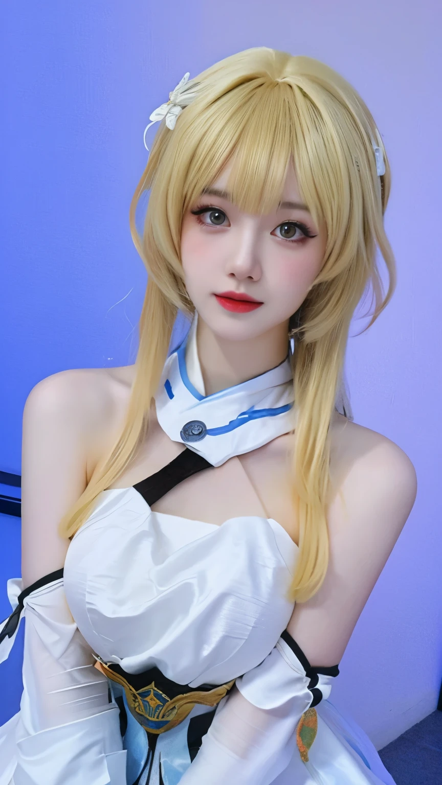 ulzzang-6500-v1.1,(RAW photos:1.2),((Reality:1.30)), ((best quality)) ,((masterpiece)),((超high resolution)), ((Clear Vision)),,超high resolution,Clear face,(Reality:1.4) , Extremely delicate and beautiful, Extremely detailed ,Unite ,8k wallpaper, Astonishing, Fine details, masterpiece,best quality,Official Art,Extremely detailed , Huge file size, Extremely detailed, high resolution, Extremely detailed,Beautiful and delicate girl, Extremely detailed eyes and face, Beautiful and delicate eyes,Ambient Lighting, 1 Girl, Genshin Impact, Blonde Hair, Flowering, Hair between the eyes, Hair accessories, Bangs, White Dress, Separate sleeves, Medium breasts,Bare shoulders, White translucent stockings,The thighs can be seen,Anime idol poses,Face Focus, Looking at the audience,Simple background,White background,indoor