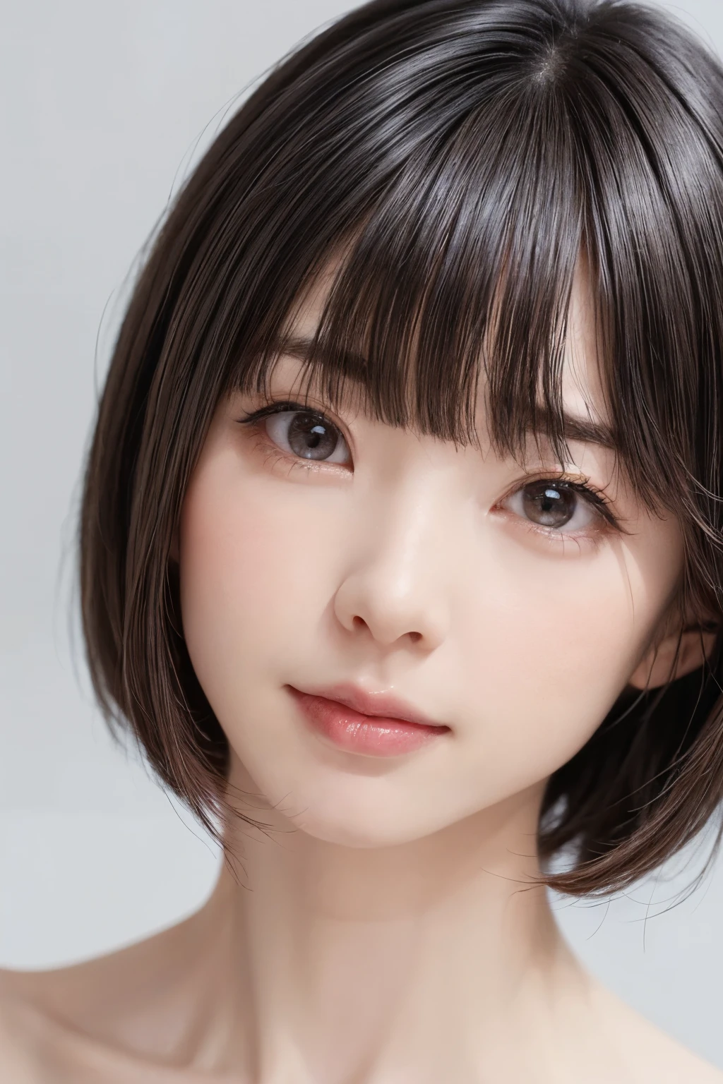 ((masterpiece, Highest quality, High resolution、Realisticですべてが美しく詳細に描かれている)), 1 person, (Realistic: 1.4), alone, White Background, snow-White Background, Mouth closed, smile, smile, Beautiful black hair, short hair, Big eyes, Transparent double eyelids, eyelash, Listen carefully, Long neck, 美しくLong neck, Absolute area, ((Face close-up)), (Draw the whole head, shoulder), 19 years old, Attractive proportions, Glowing Skin, Beautiful clavicle, Golden ratio face, Perfect Face, Teardrop-shaped mole, chestのほくろ, bangs, clean bangs, beautiful bangs, Lip gloss, Thin lips, Fair skin, naked, Big Breasts, {Huge|big|Hugeな|Mega} chest:2, chestの谷間:2,chestの谷間を見せる、Small face, Small face, All the heads are painted, shoulder all drawn, Point slightly above the camera