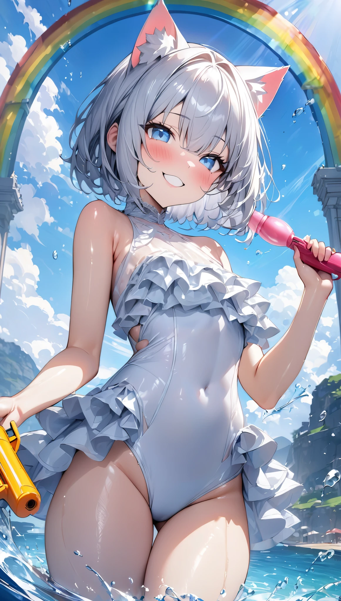 (((最high quality)), ((masterpiece)), (detailed), masterpiece, 最high quality, high quality, 超detailed, Perfect Face, ((One person, blue eyes, Cat ear: 1.3 Silver Bob Hair: 2.5,)) 、Shiny Hair、Glowing Skin、blush、Amorous expression、Side bust、valley、Coastal、Water Play、holding water pistol、splash、smile、blue sky、A large rainbow shines brightly.、white one-piece swimsuit with ruffles、