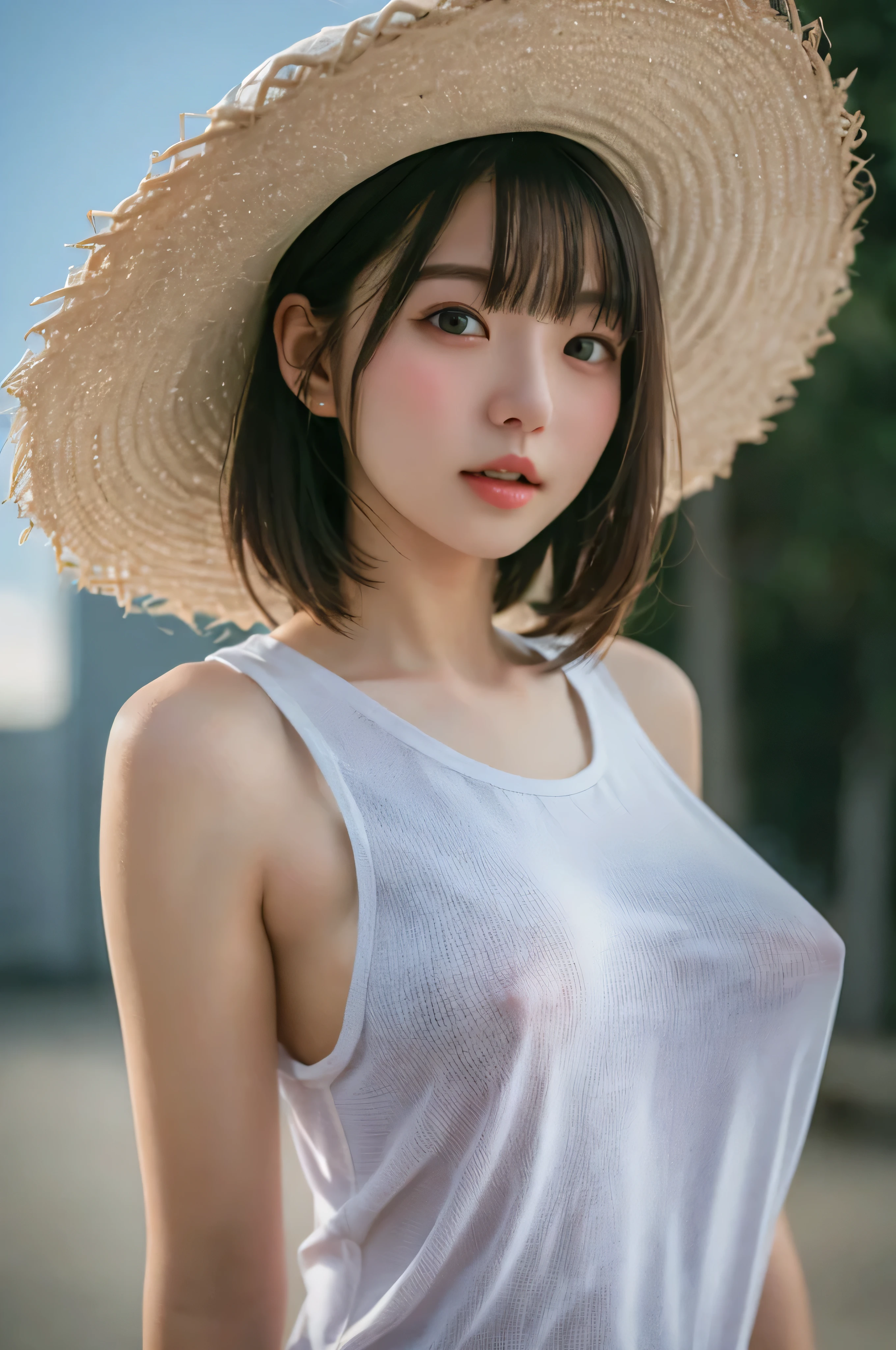 (RAW quality:1.4), Photo of a Japanese woman in white clothes (Lightweight tank top:1.4) , Big Breasts, (Side bust), Slim figure, cute, Shyness, , (((Thin and sexy clothes:1.4))), I can see my belly button, Black Hair, short hair, Big straw hat, Looking at the audience, realism, Video Effects, Volume measurement Lighting, Volume measurement Light, Volume measurement, Midsummer, blue sky, cumulonimbus, Advanced Details, Detailed and complex, Intricate details, high Intricate details, More information, Confused, High resolution, Medium Shot, Single Shot, Shallow focus, lips, Blurred Background, (hard nipples erect:1.1), (nipples pointing up:1.1),
  