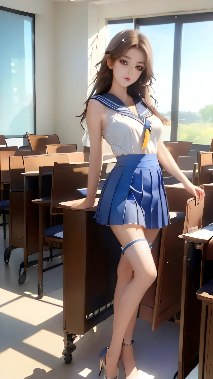 Non-NSFW、Real、(Highest quality), (masterpiece)、Ultra-high resolution、RAW Photos, (upper body), (in classroom:1.5), Fantasy、Looking into the camera、alone、(elemental Sylph:1.1), Beautiful Spirit、Super Beauty, (Mature:1.2), (16years-old:1.2)、Moisturized Skin、Perfect model body、Beautiful Eyes、Big eyes, (brown eyes:1.2)、Inconspicuous tear bags、slim、No bra、Beautiful fingers、Very long hair、highly saturated photos, clavicle, Splash, attractive,skinny, (sad:1.4), no_panties, (Large Breasts:1.6), Nipples, (brown hair), (Waist-length hair:1.5), Small Ass, lips, (sailor uniform:1.5),(Checked blue skirt:1.2),(red tie:1.2), (pleated miniskirt :1.5),(high heels:1.1), (Several sexy poses:1.1)