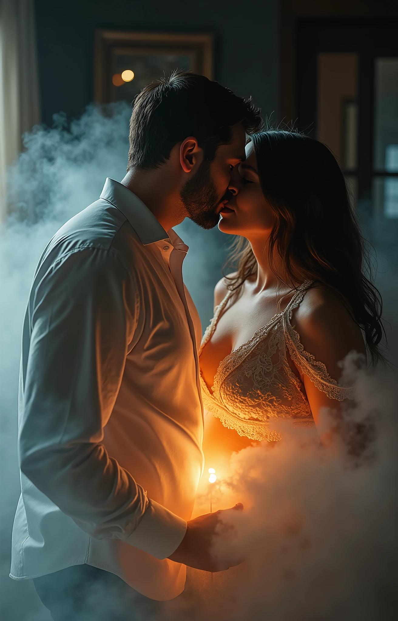 (close-up, editorial photograph of [[a close-up pregnant belly kissed by a father, realistic hands, (masterpiece:1.2), wide angle photo]], (dark indoor background, moody, private study:1.3), (a man kissing a belly:1.5), by lee jeffries, nikon d850, film stock photograph, 4 kodak portra 400, camera f1.6 lens, rich colors, hyper realistic, lifelike texture, dramatic lighting, cinestill 800.[Entire scene is surrounded by mist, evoking a mysterious and eerie atmosphere. The lighting is dark and atmospheric, with smoke and fog adding a touch of sinister ambiance. Best quality image, HDR enhancement, showcasing the utmost level of detail and realism]. [8K, Best Quality, Ultra High Resolution, (highly detailed CG unity 8k wallpaper), (best photo), (best shadows), isometric 3D, octane rendering, ray tracing, highly detailed, (Best quality, 4K, 8k:1.2), absurdity, ultra detailed, (realistic, photorealistic, photorealistic:1.37), complex parts, HDR, (complex parts:1.12), (hyper detailed, hyper realistic, Soft lighting, spicy:1.2), (complex parts, Hyper detailed:1.15). Blurred foreground. (backlit), masterpiece, high quality, brightness, chromatic aberration, foggy smoke, shadows, contrast, (warm hue, warm tone), high details, natural reflections]. many details. Cinematic lights. photo. (((masterpiece))), (((Highest quality))), ((Very detailed)), (photograph), (photo:1.2)