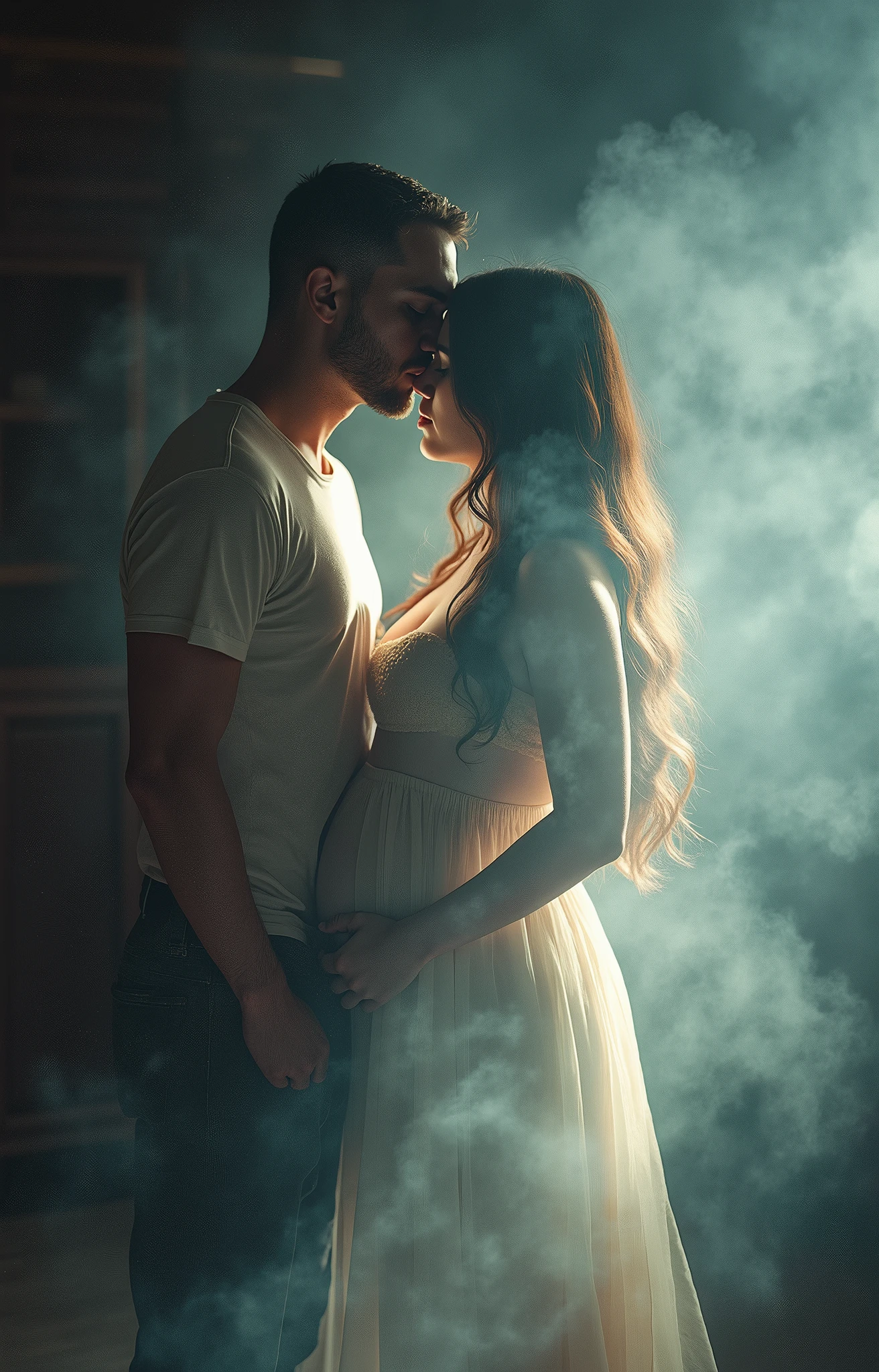 (close-up, editorial photograph of [[a close-up pregnant belly kissed by a father, realistic hands, (masterpiece:1.2), wide angle photo]], (dark indoor background, moody, private study:1.3), (a man kissing a belly:1.5), by lee jeffries, nikon d850, film stock photograph, 4 kodak portra 400, camera f1.6 lens, rich colors, hyper realistic, lifelike texture, dramatic lighting, cinestill 800.[Entire scene is surrounded by mist, evoking a mysterious and eerie atmosphere. The lighting is dark and atmospheric, with smoke and fog adding a touch of sinister ambiance. Best quality image, HDR enhancement, showcasing the utmost level of detail and realism]. [8K, Best Quality, Ultra High Resolution, (highly detailed CG unity 8k wallpaper), (best photo), (best shadows), isometric 3D, octane rendering, ray tracing, highly detailed, (Best quality, 4K, 8k:1.2), absurdity, ultra detailed, (realistic, photorealistic, photorealistic:1.37), complex parts, HDR, (complex parts:1.12), (hyper detailed, hyper realistic, Soft lighting, spicy:1.2), (complex parts, Hyper detailed:1.15). Blurred foreground. (backlit), masterpiece, high quality, brightness, chromatic aberration, foggy smoke, shadows, contrast, (warm hue, warm tone), high details, natural reflections]. many details. Cinematic lights. photo. (((masterpiece))), (((Highest quality))), ((Very detailed)), (photograph), (photo:1.2)
