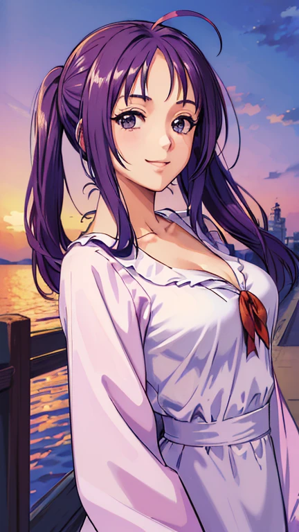 ((masterpiece, Highest quality, Highest quality, Official Art, beautifully、beautiful:1.2)),((masterpiece)),((Vibrant colors)),((Ayako Katagiri)),((幸せそうなsmile)),((smile)),((looks fun)),(one piece),(((Side bust))),(sunset)