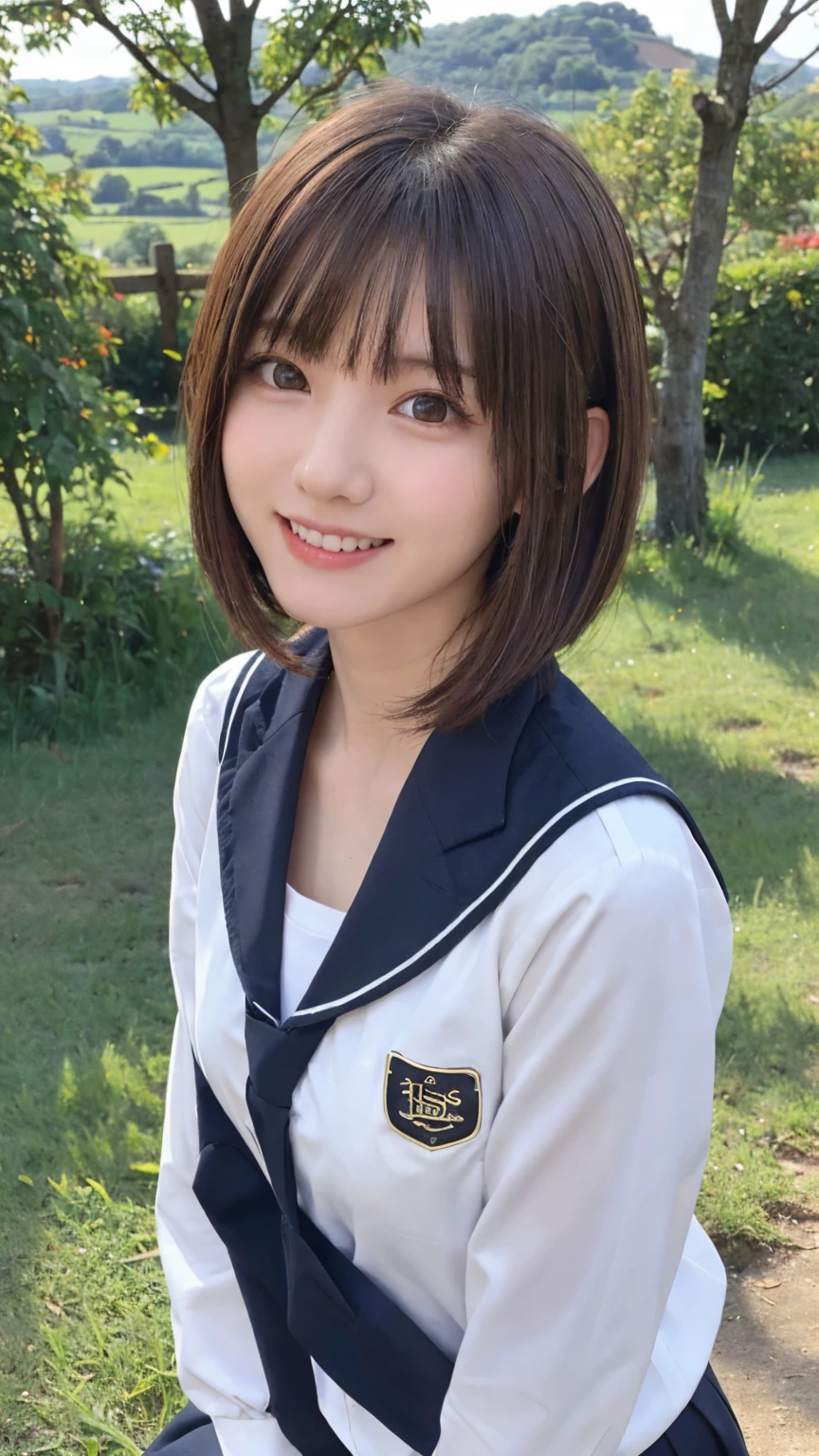 one person&#39;s, (beautiful girl, Delicate:1.3), (:1.3),
break, (Lush countryside　background:1.2),
break, Embarrassed Laugh, Very beautiful eyes, (Symmetrical eyes:1.3),
break, (Medium chest:1.3), School uniforms:1.3, Brown eyes, Parted bangs, Brown bob cut hair, Round face, cute,
break, (Eye and facial details:1.0),
break, (masterpiece, Highest quality, Very detailed, Detailed face, 8k)