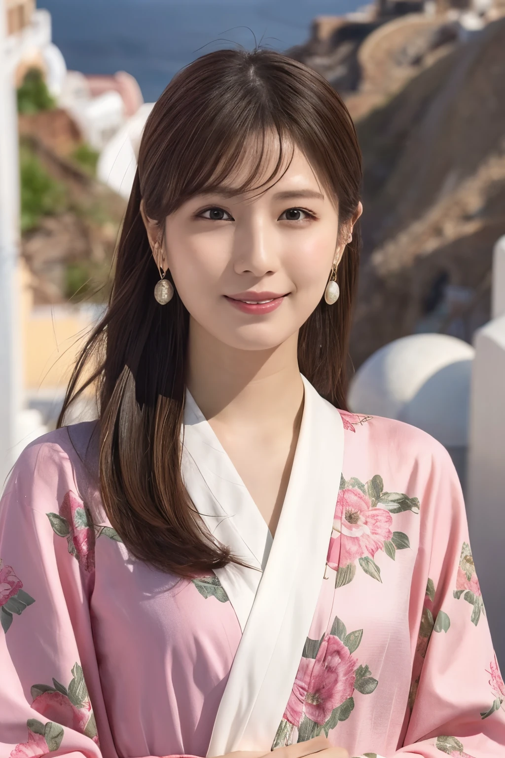 1 person, (Wearing a pink floral kimono.:1.2), Very beautiful Japanese idol portraits, 
(RAW Photos, Highest quality), (Realistic, Realistic:1.4), (masterpiece), 
Very delicate and beautiful, Very detailed, 2k wallpaper, wonderful, finely, Very detailed CG Unity 8k 壁紙, Very detailed, High resolution, Soft Light, 
Beautiful details, Very detailed目と顔, Beautiful and sophisticated nose, Beautiful and beautiful eyes, Cinema Lighting, 
(Commemorative photo on Santorini Island:1.3), (White Building), (blue sky), (Church bells), (Aegean Sea),
(Japanese hairstyle), (Tie your hair at the back:1.3), (bangs), (hairpin), 
Complete Anatomy, Slender body, Small breasts, smile