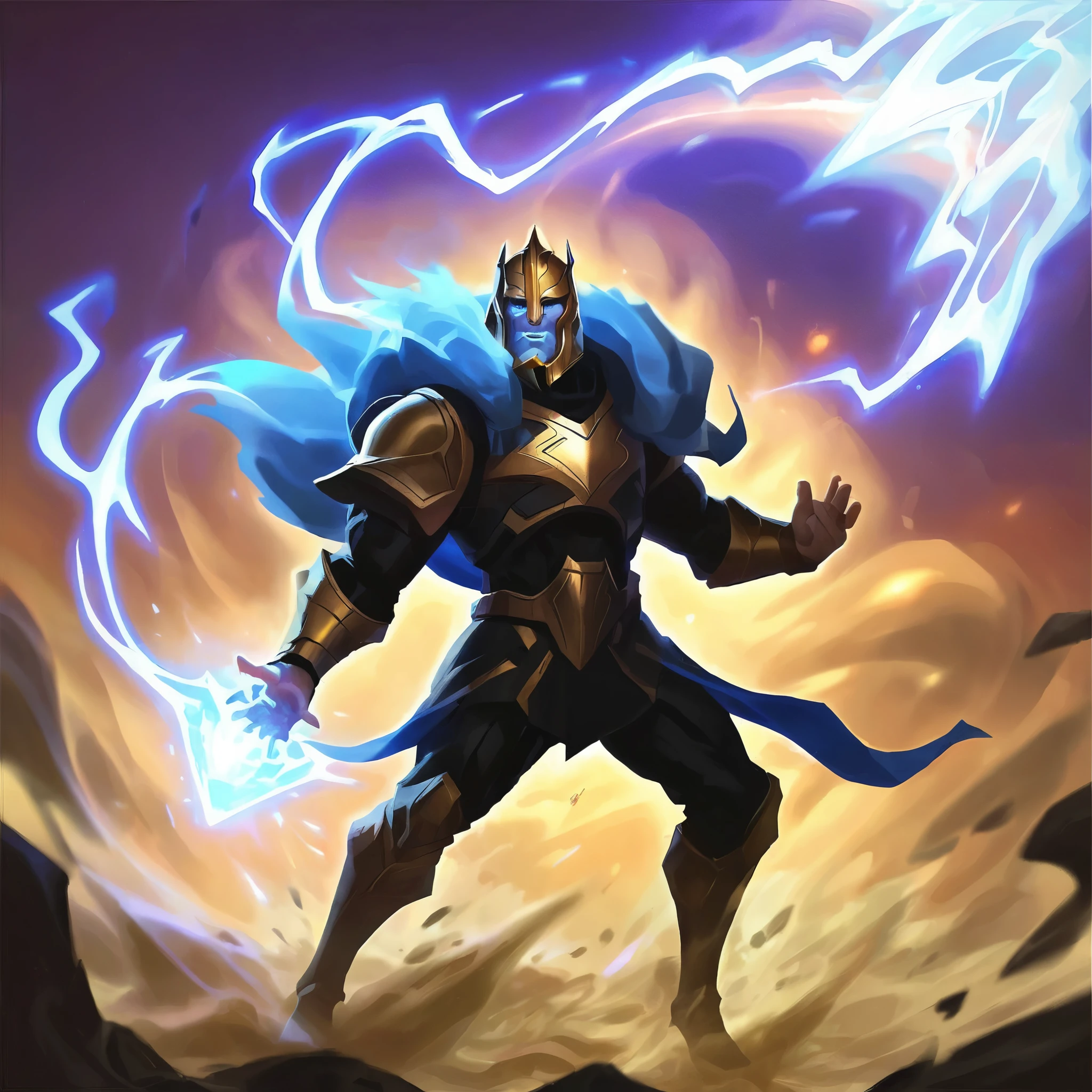 I want an icon of a guy in black armor emerging from the thunder, similar to thor, conjuring thunder, blue electricity, character with cloth clothes and an imposing posture, full picture