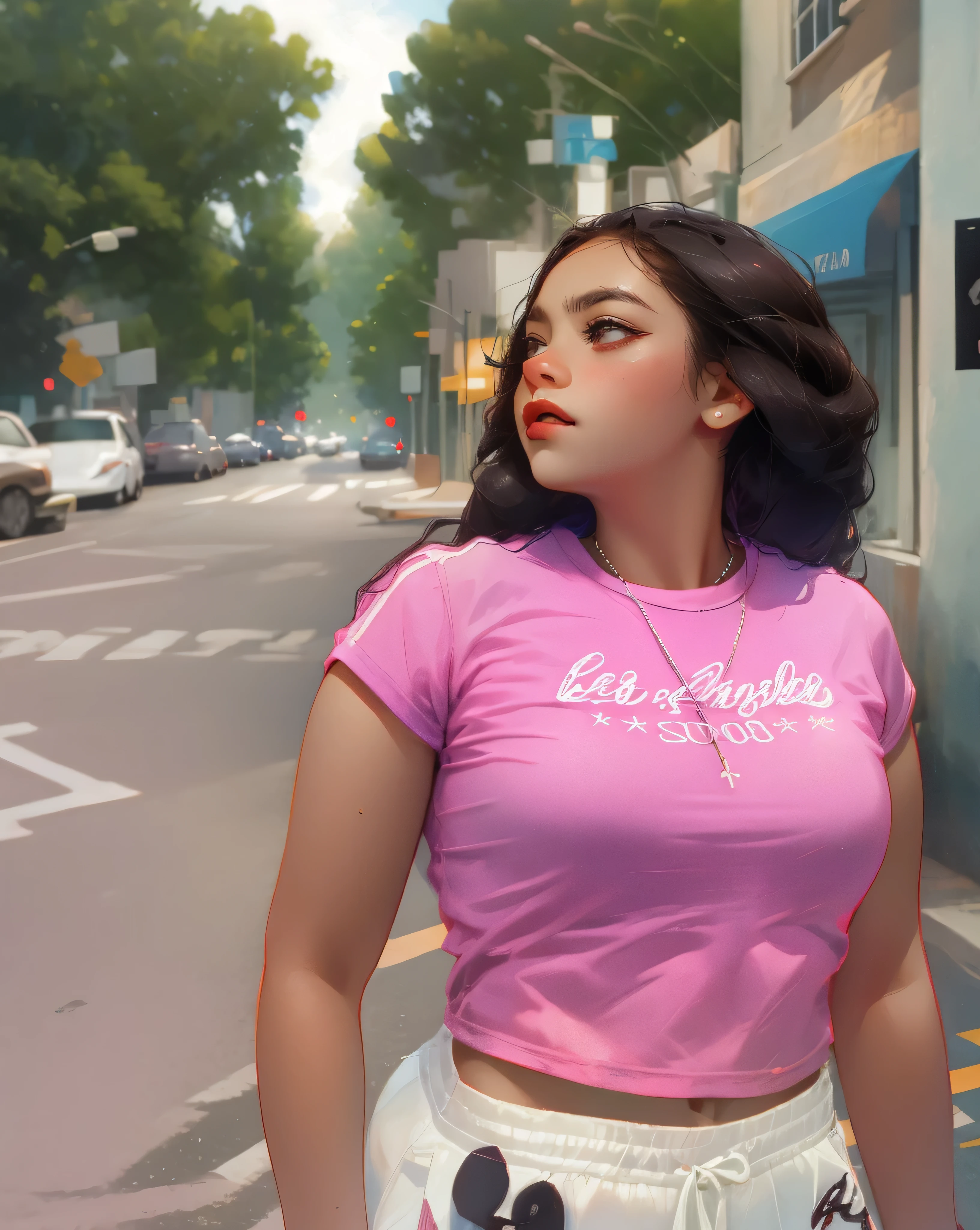 there is a woman standing on the street with a skateboard, karla ortiz, 30-year-old woman from cuba, mid shot portrait, looking from side, pink shirt, shot from the side, standing in front of lowrider, low perspective, standing in a city street, close up half body shot, stacked image, crop top, latinas, mid portraitHD, (Best Detail), (Best Quality), colorful,