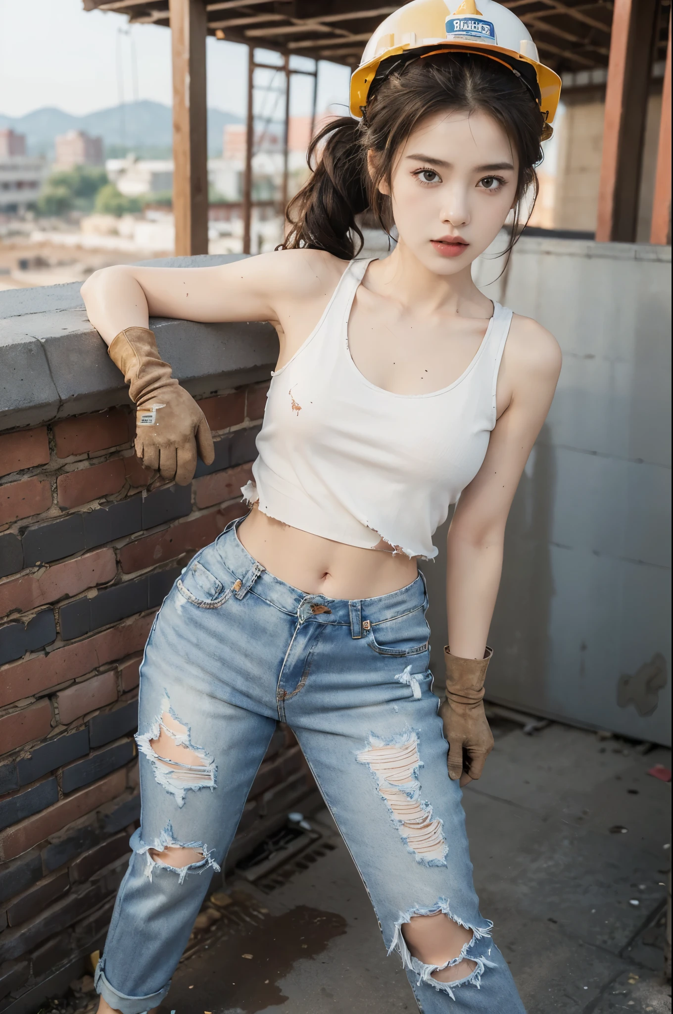 (((best quality))), (((ultra detailed))), (((masterpiece))), illustration,((a beautiful girl,solo)),(hard hat:1.3),(short ponytail:1.2),(flushed cheeks:1.3),(Brownish red skin:1.2),((sweat,wet)),((slim,thin)),((small breasts,flat chest)), (dirty torn white tank top:1.3),(navel:1.2),(tattered jeans:1.3),(slender legs:1.2),(sneakers:1.2),(standing:1.2),(High altitude construction site:1.3),(on the roof:1.2),(outdoor:1.2),(bricks:1.3),(sturdy gloves:1.3), scorching sun, vibrant city,((cement, dust)), determined hustle, quiet, determined girl, indomitable spirit, human resilience, perseverance, unwavering resolve, back-breaking work, awe, respect, narrative, sacrifice, hard work, unseen heroes, city buildings,((from front,full body))