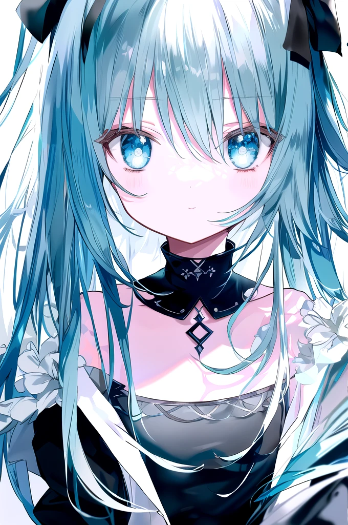 masterpiece, High resolution, Super Resolution, One person, alone, Are standing, Upper Body, Face only, close, bright aqua hair, Aqua Eye, , (Inner hair color, Dark blue hair:1.2), Long Hair, Wavy Hair, Hime cut, Straight hair, Side Lock, Black Shirt, High collar, Open collar, clavicle, Simple Background, White Background, Boring background,